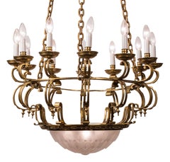 Lustre suspendu en laiton de style Art Déco / Machine Age, verre français par S.E.V.B.