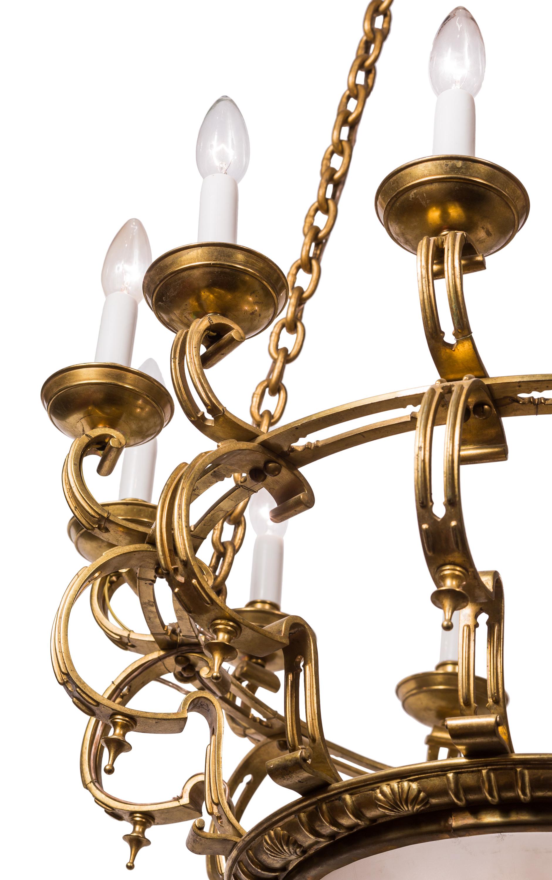 Art Deco / Machine Age Style Brass Hanging Chandelier, French Glass by S.E.V.B. In Good Condition For Sale In Madrid, ES