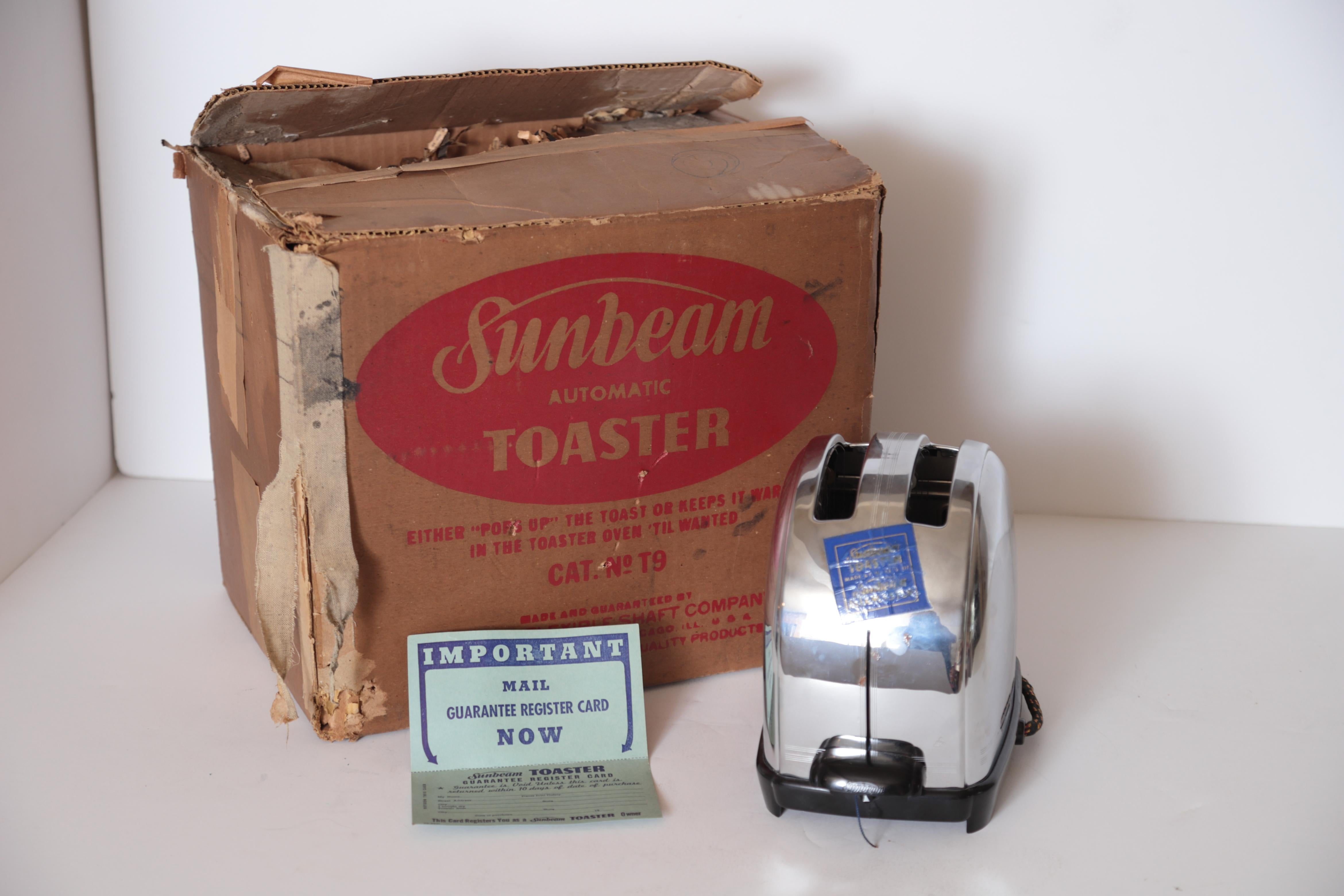 Art Deco Machine Age iconic patented sunbeam T-9 toaster, mint original display model, Museum quality unused

Another of the original Classic American Industrial modernist re-designs of utilitarian objects for every-man. Allegedly Sunbeam's most