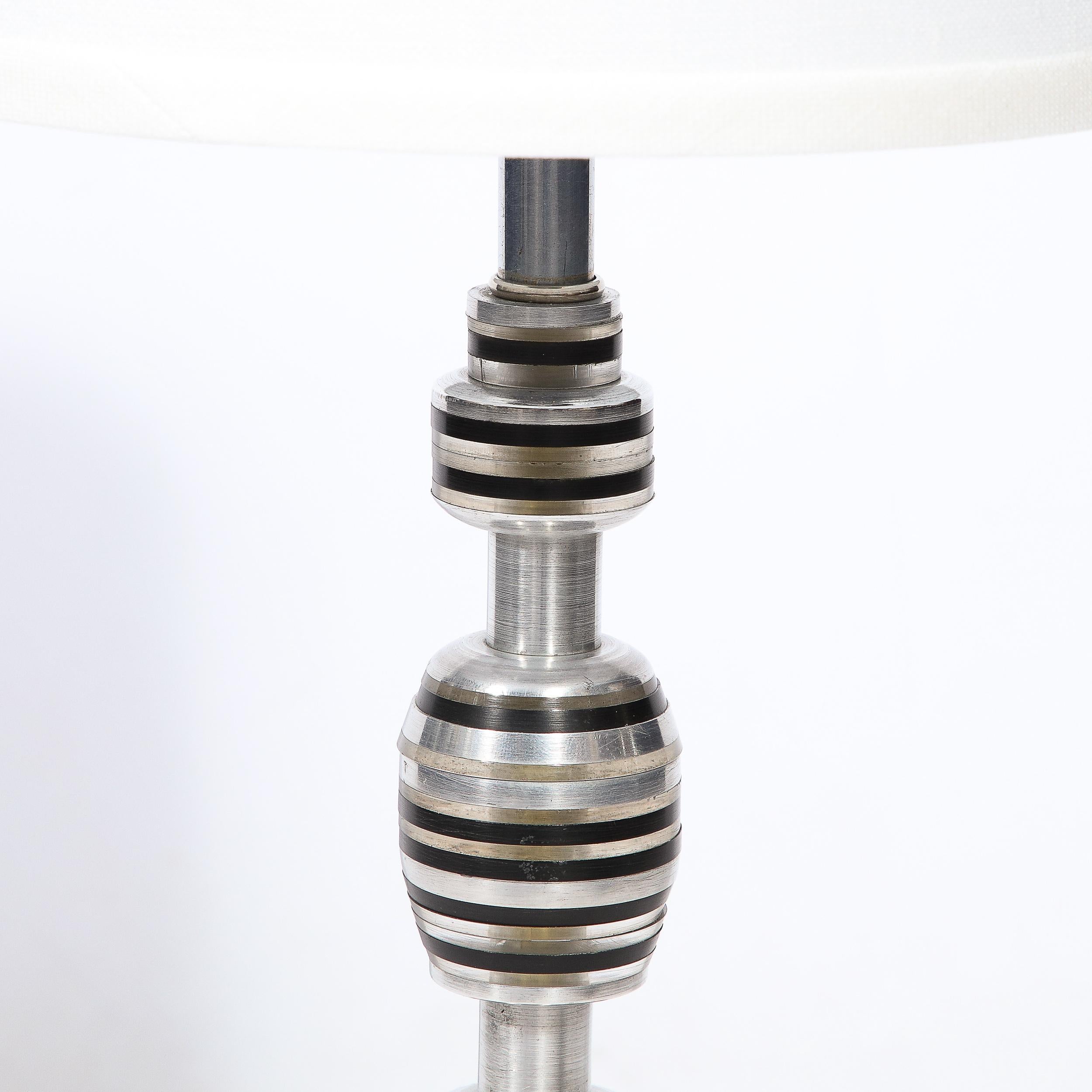 American Art Deco Machine Age Table Lamp in Brushed Alumnium w/ Stacked Bakelite Detail
