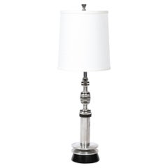 Art Deco Machine Age Table Lamp in Brushed Alumnium w/ Stacked Bakelite Detail