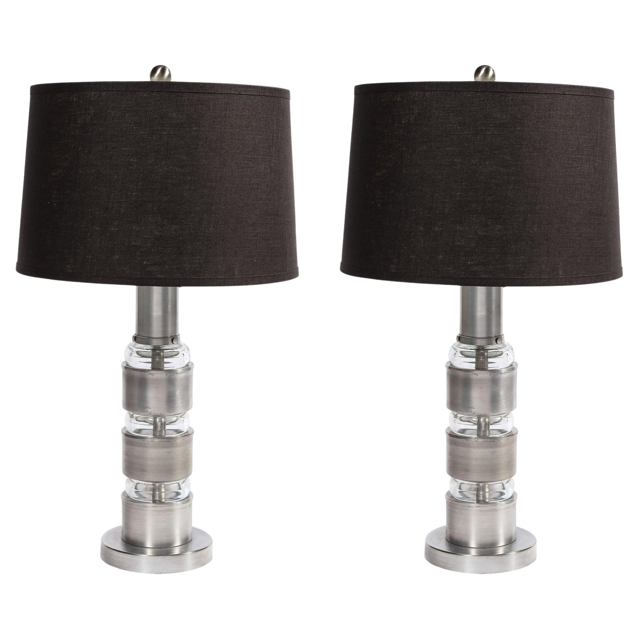 Art Deco Machine Age Table Lamps in Brushed Aluminum & Glass by Russell Wright For Sale
