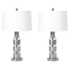Art Deco Machine Age Table Lamps in Brushed Aluminum & Glass by Russell Wright