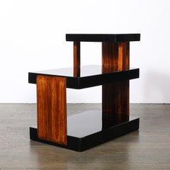 Art Deco Machine Age Three-Tier Black Lacquer & Walnut Side Table