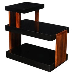 Art Deco Machine Age Three-Tier Black Lacquer & Walnut Side Table