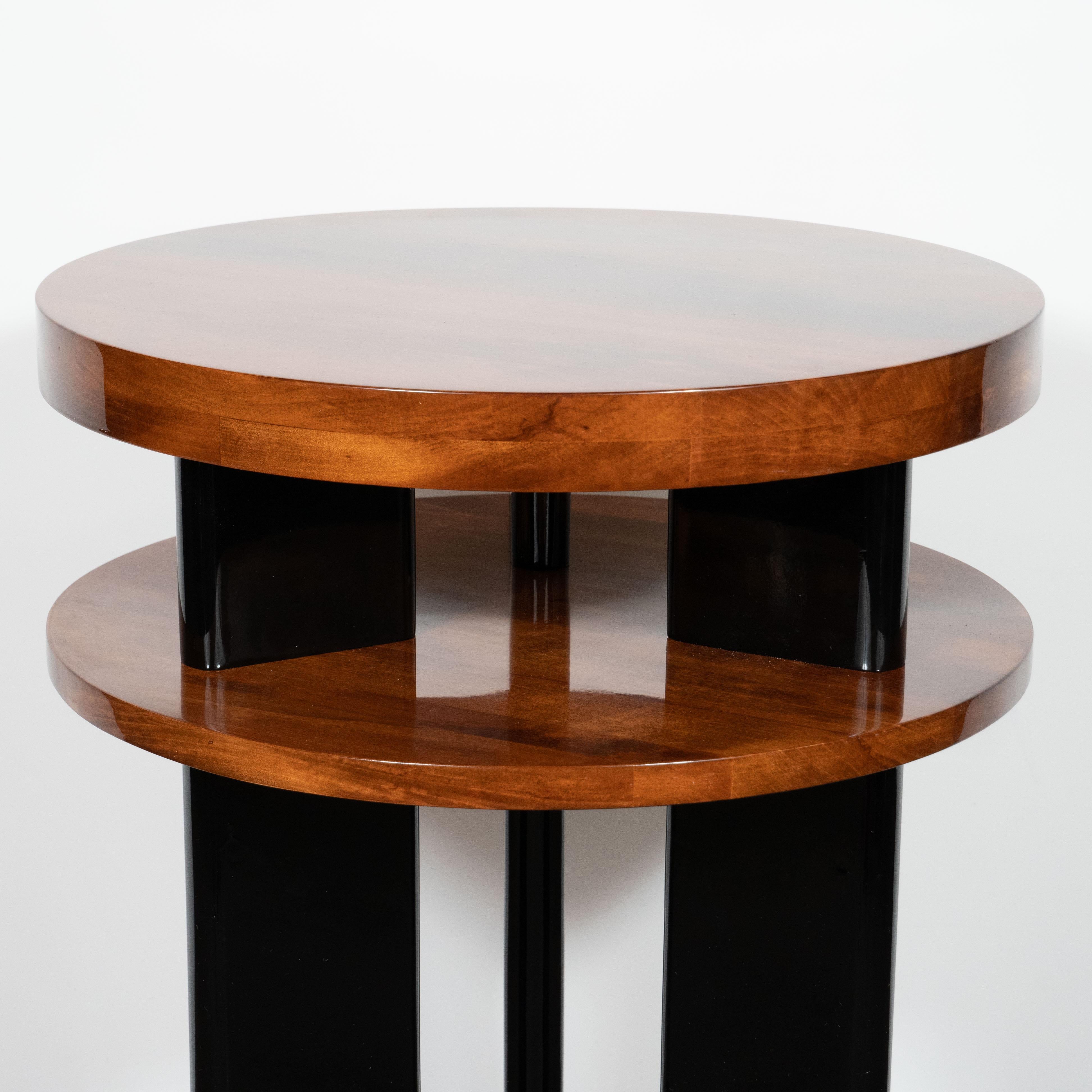 American Art Deco Machine Age Three-Tier Bookmatched Walnut and Black Lacquer Side Table