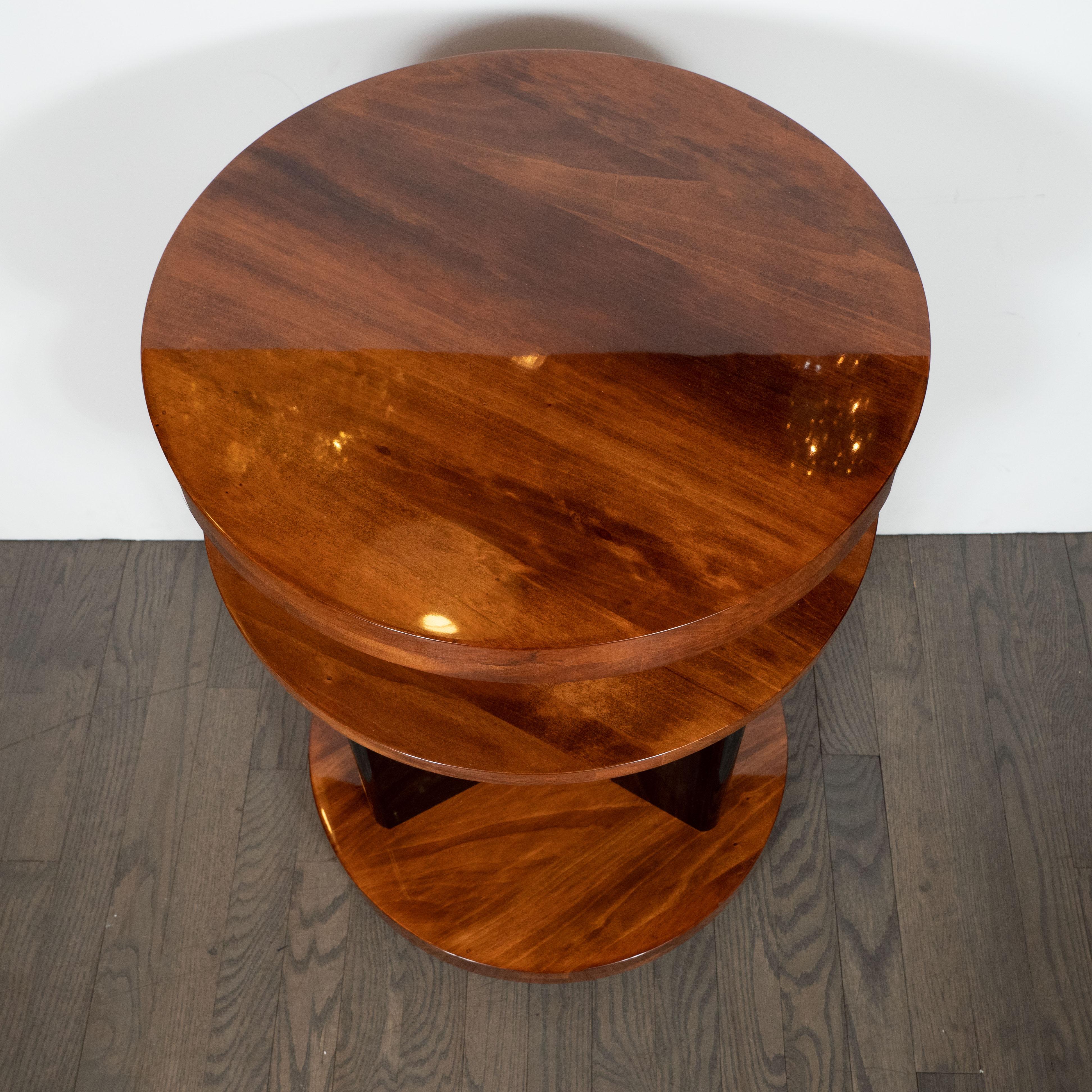 American Art Deco Machine Age Three-Tier Bookmatched Walnut and Black Lacquer Side Table