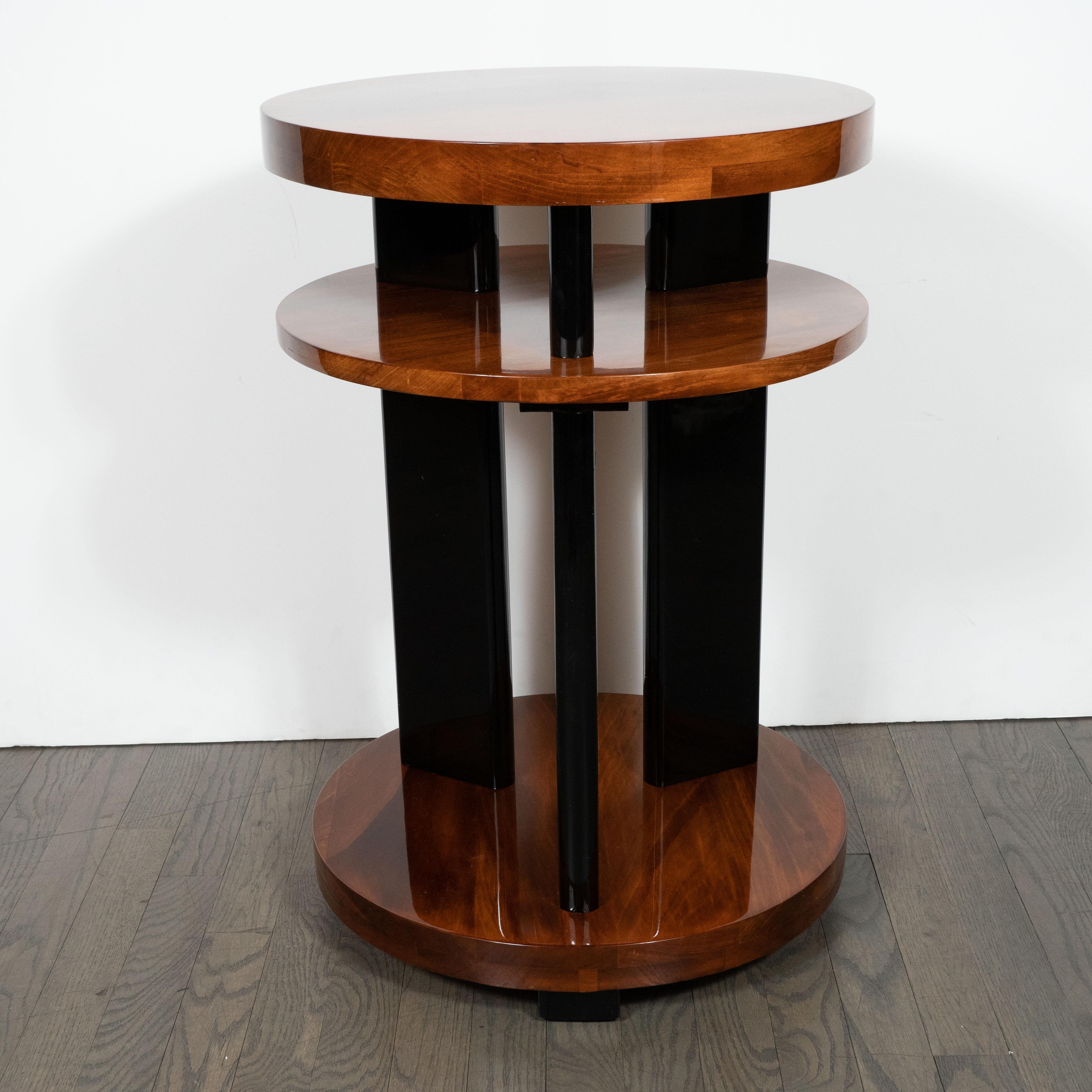 Mid-20th Century Art Deco Machine Age Three-Tier Bookmatched Walnut and Black Lacquer Side Table