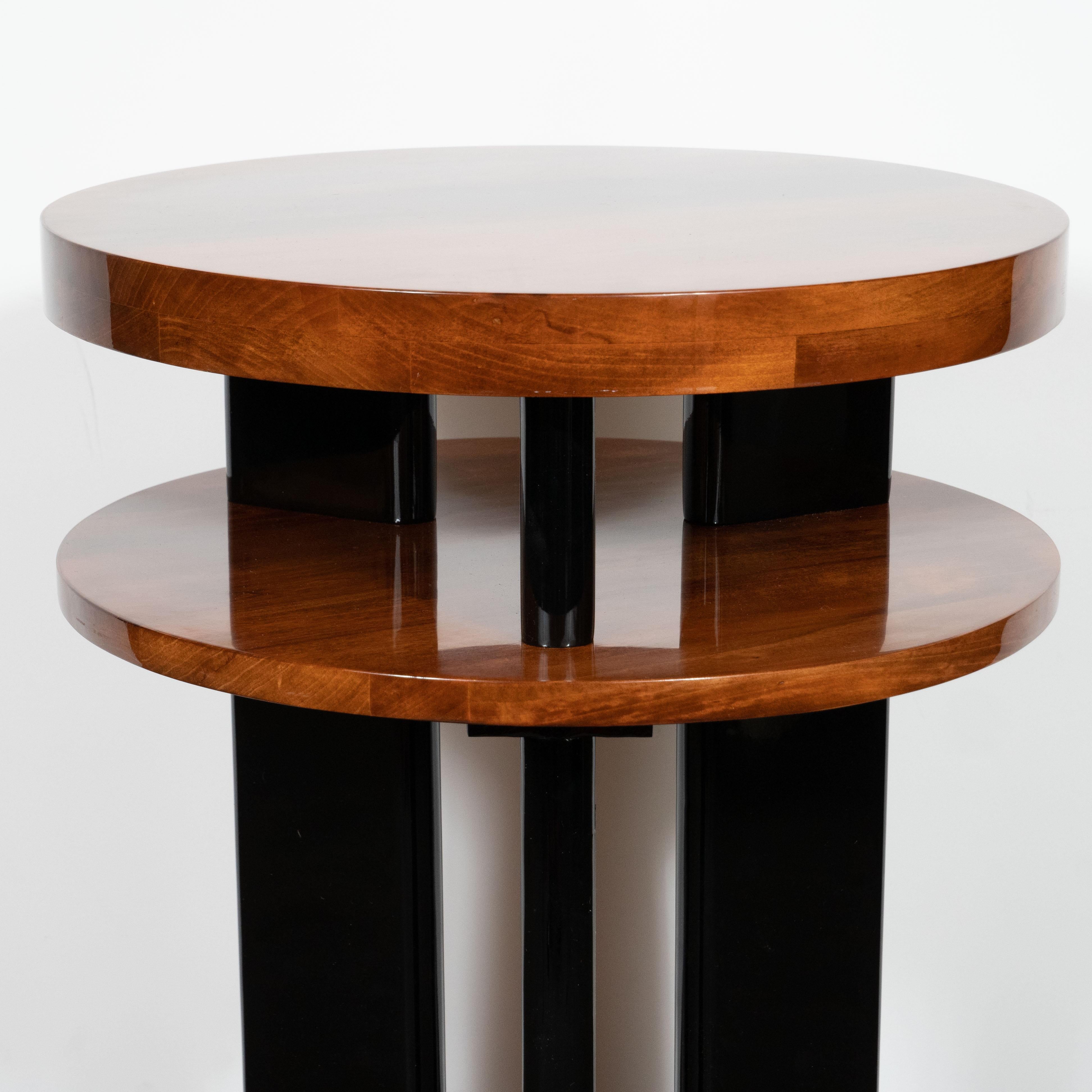 Art Deco Machine Age Three-Tier Bookmatched Walnut and Black Lacquer Side Table 1