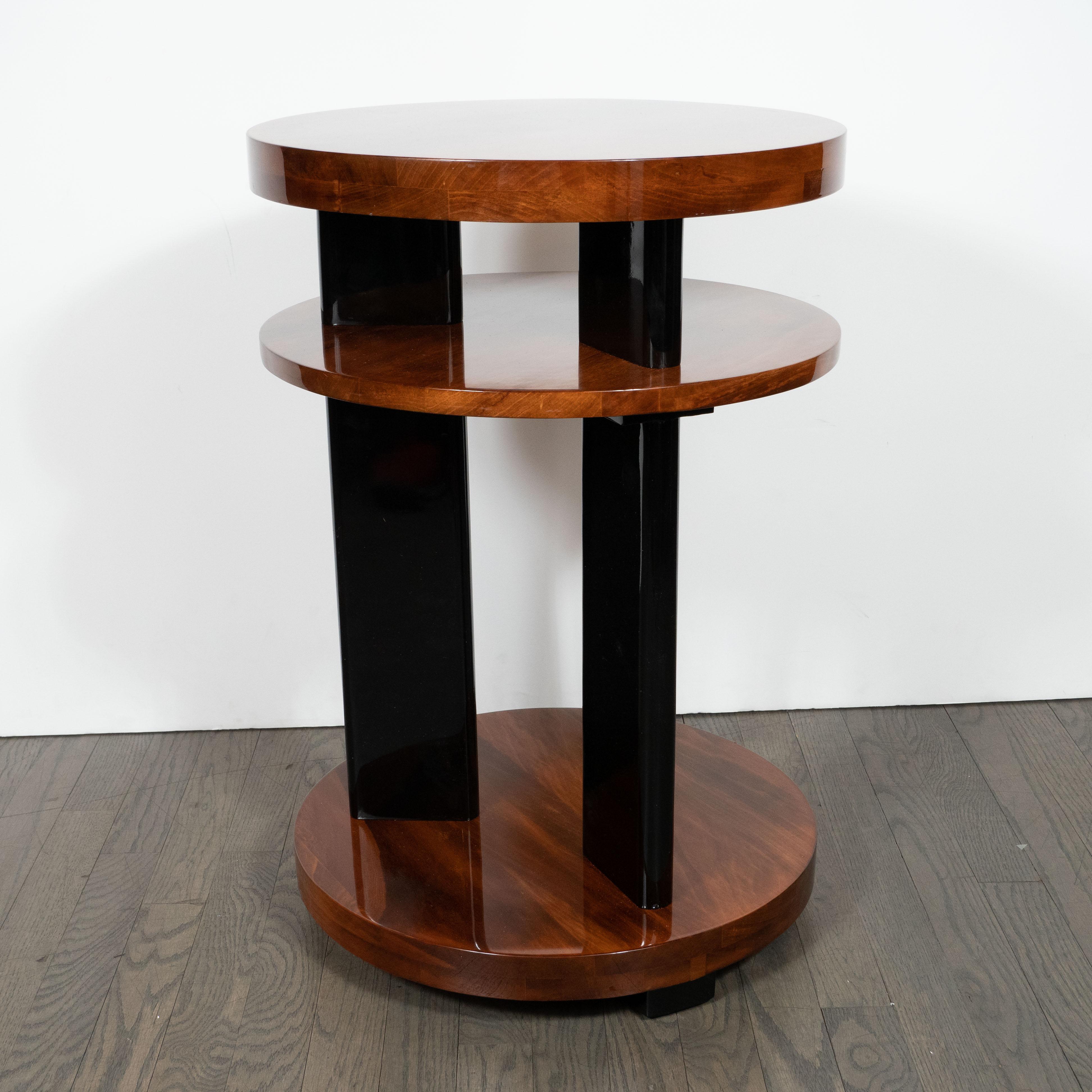 Art Deco Machine Age Three-Tier Bookmatched Walnut and Black Lacquer Side Table For Sale 1