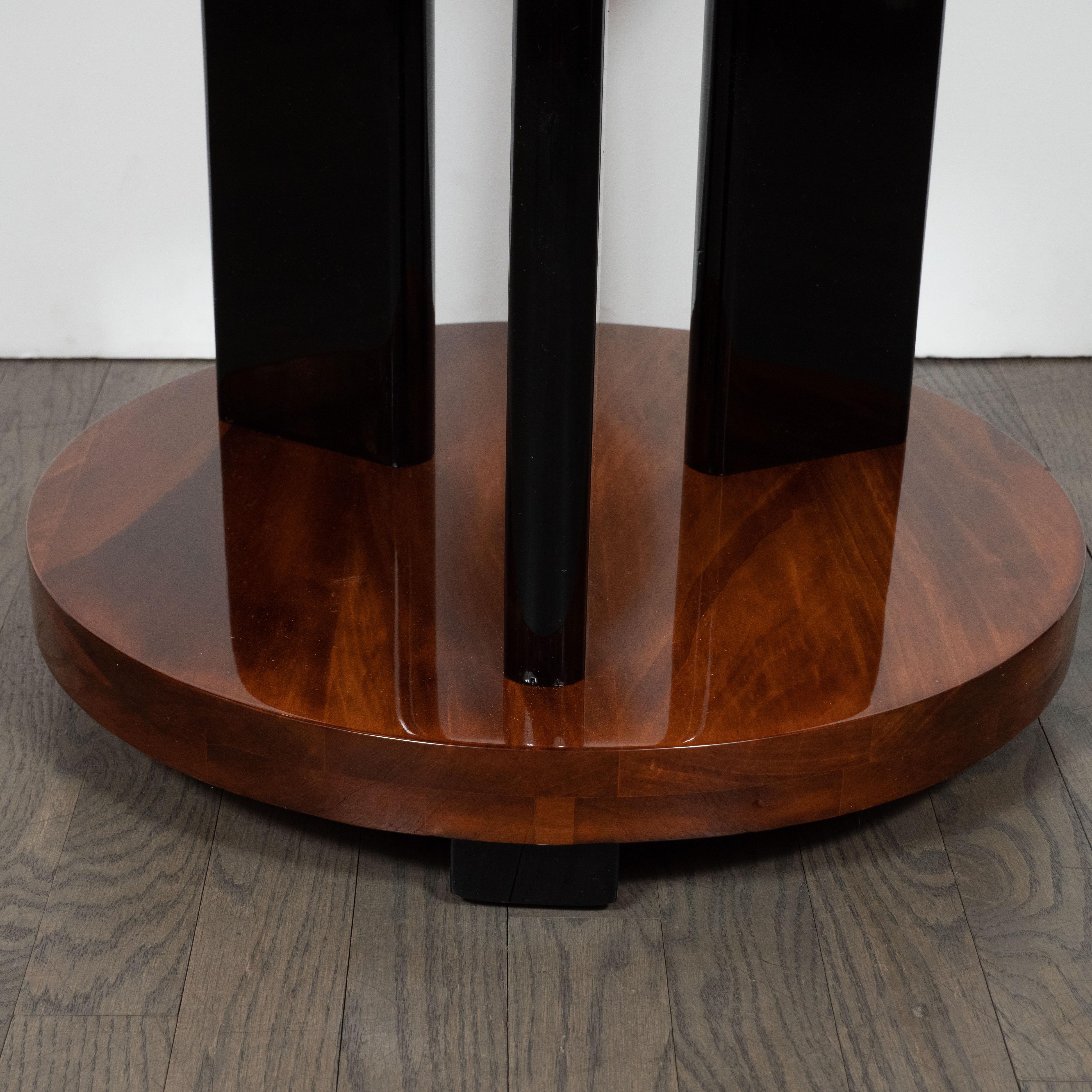 Art Deco Machine Age Three-Tier Bookmatched Walnut and Black Lacquer Side Table For Sale 2