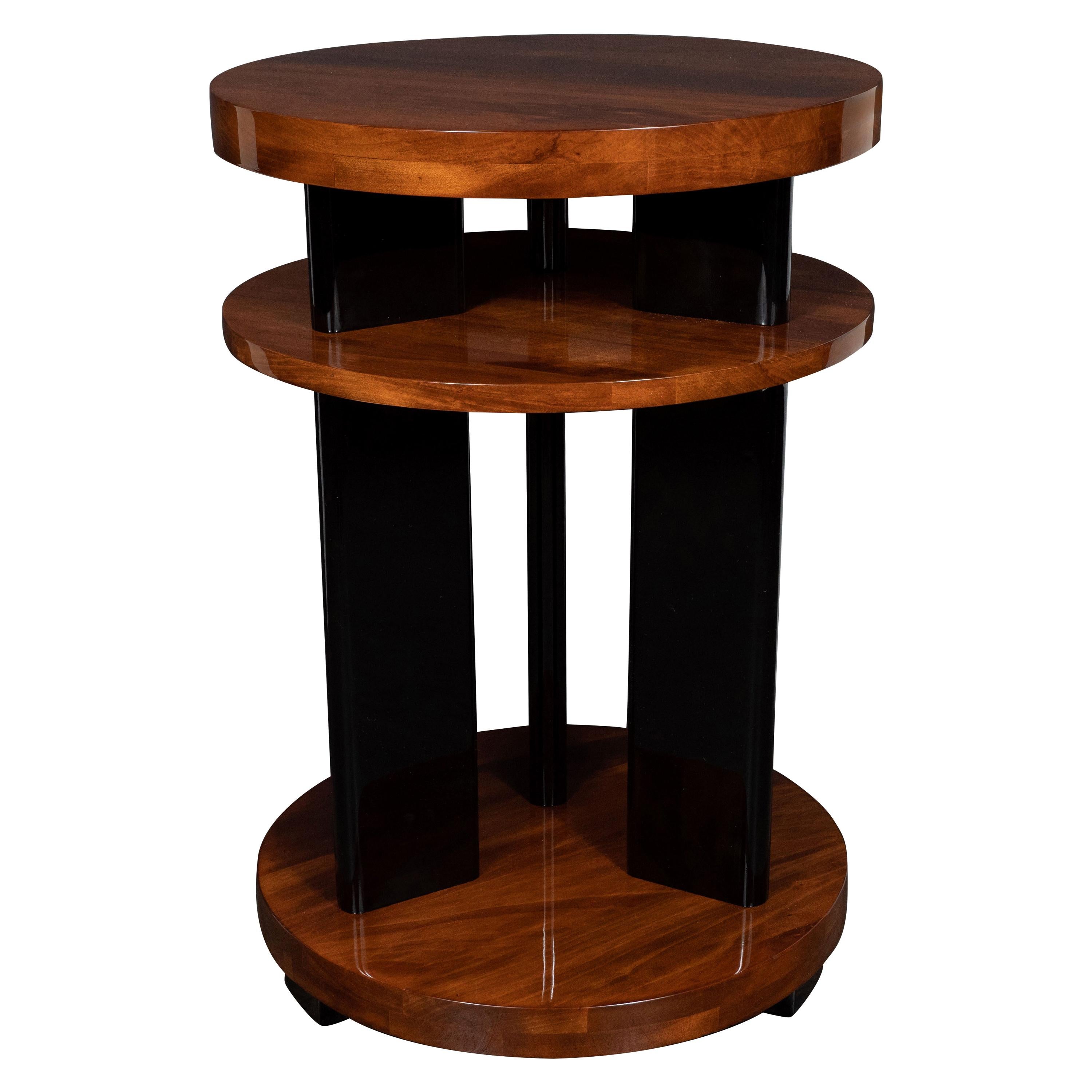 Art Deco Machine Age Three-Tier Bookmatched Walnut and Black Lacquer Side Table
