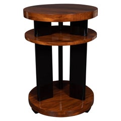 Art Deco Machine Age Three-Tier Bookmatched Walnut and Black Lacquer Side Table