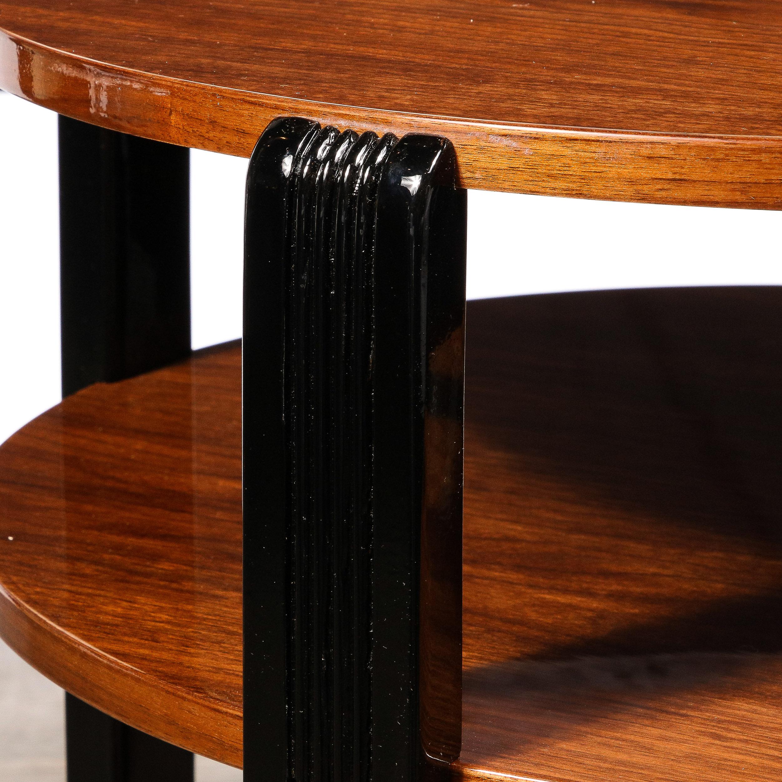Walnut Art Deco Machine Age Three-Tier Occasional Table w/ Fluted Black Lacquer Support For Sale