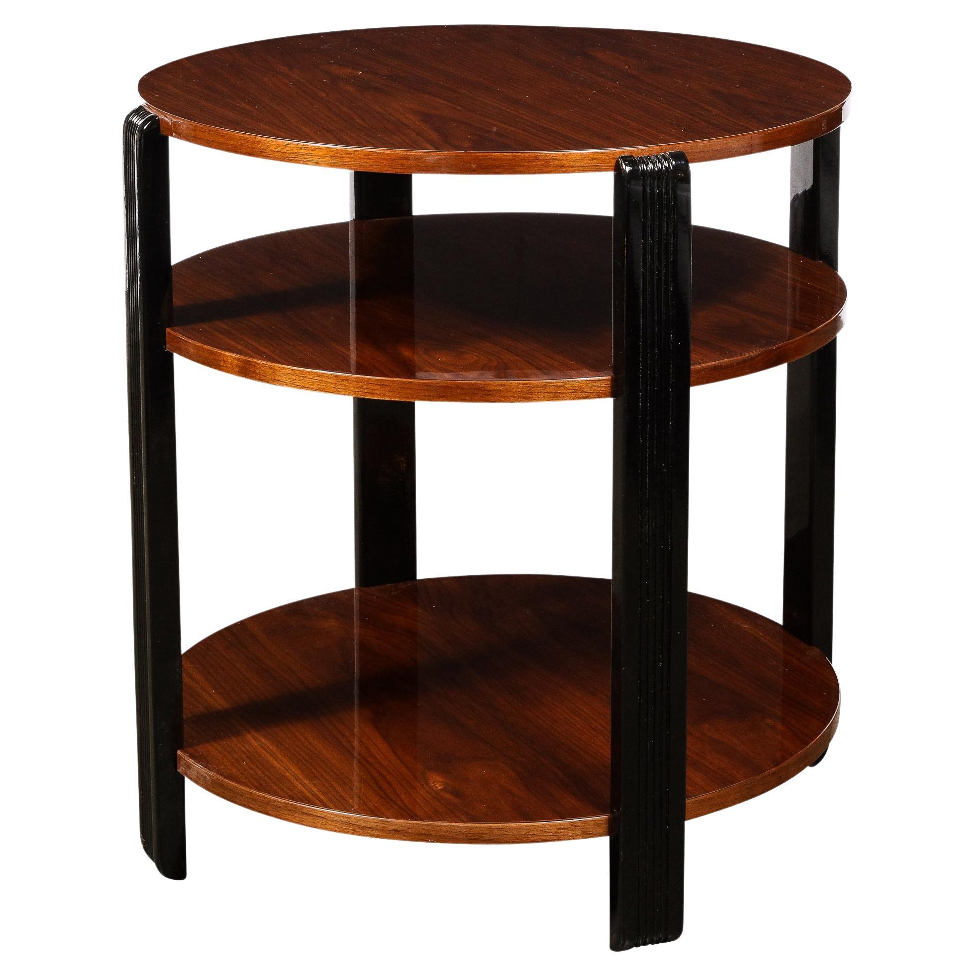 Art Deco Machine Age Three-Tier Occasional Table w/ Fluted Black Lacquer Support For Sale