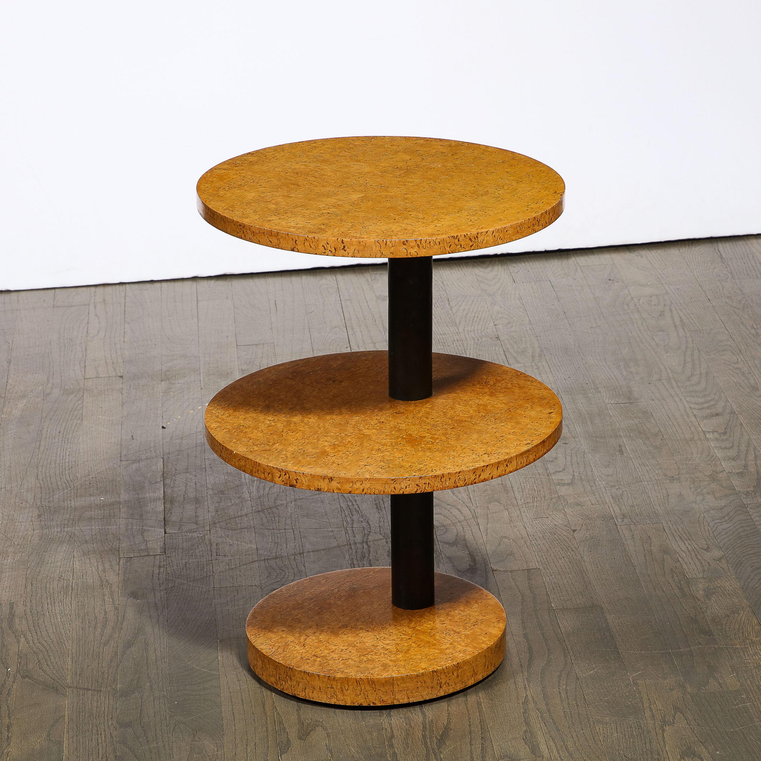 Mid-20th Century Art Deco Machine Age Three Tier Side/End Table in Burled Elm and Black Lacquer