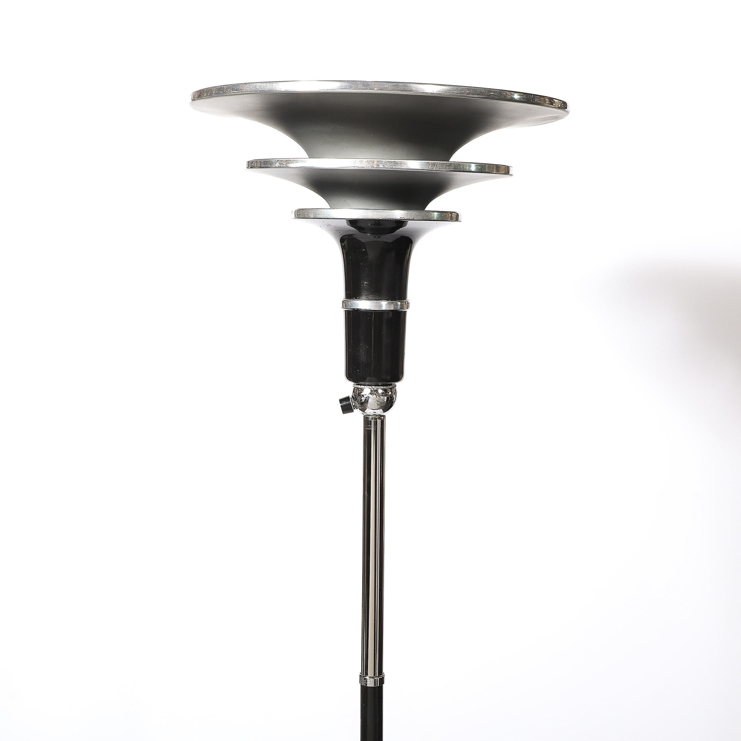 Torchiere Art Déco Machin in alluminio spazzolato e cromo con smalto nero in vendita 4