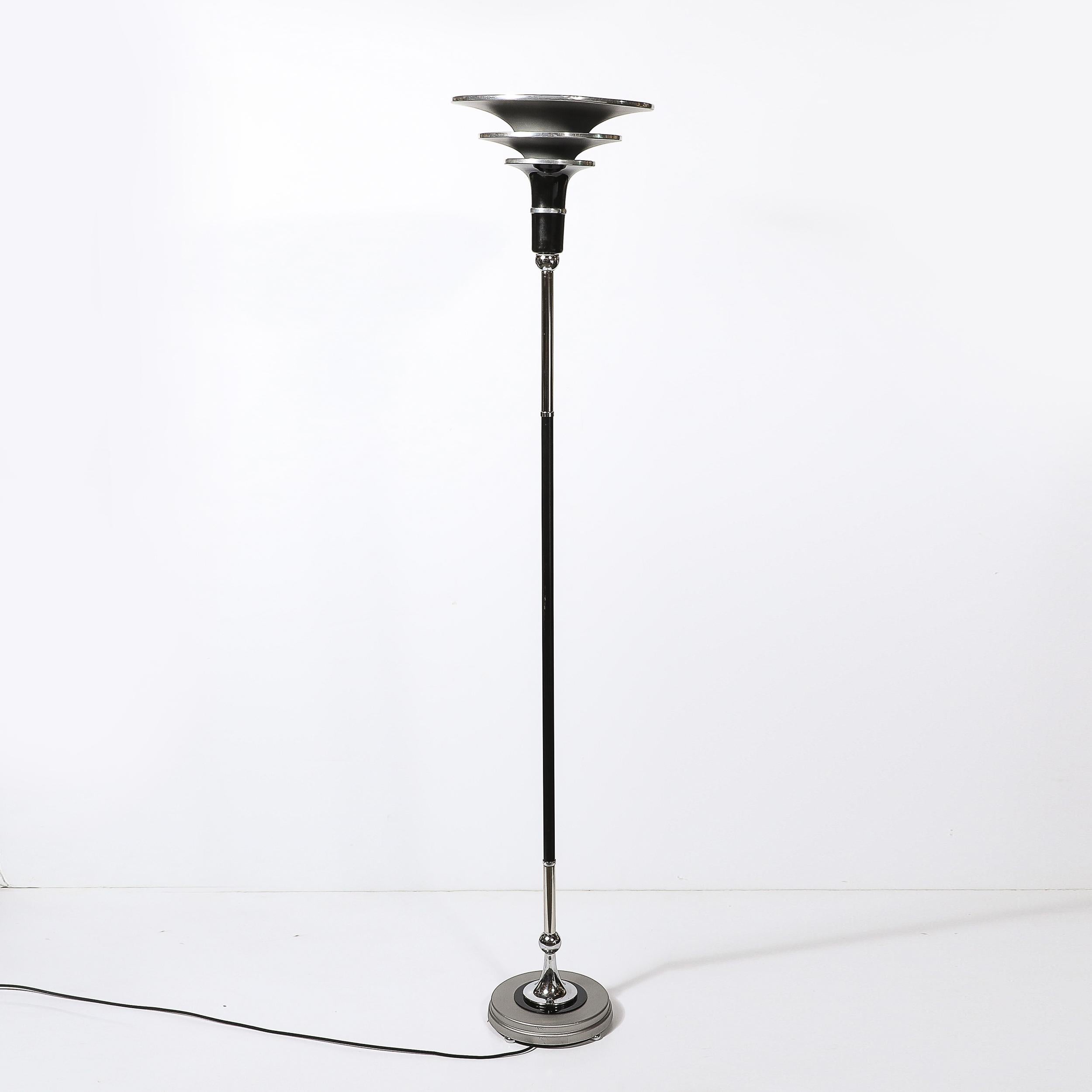 Torchiere Art Déco Machin in alluminio spazzolato e cromo con smalto nero in vendita 2