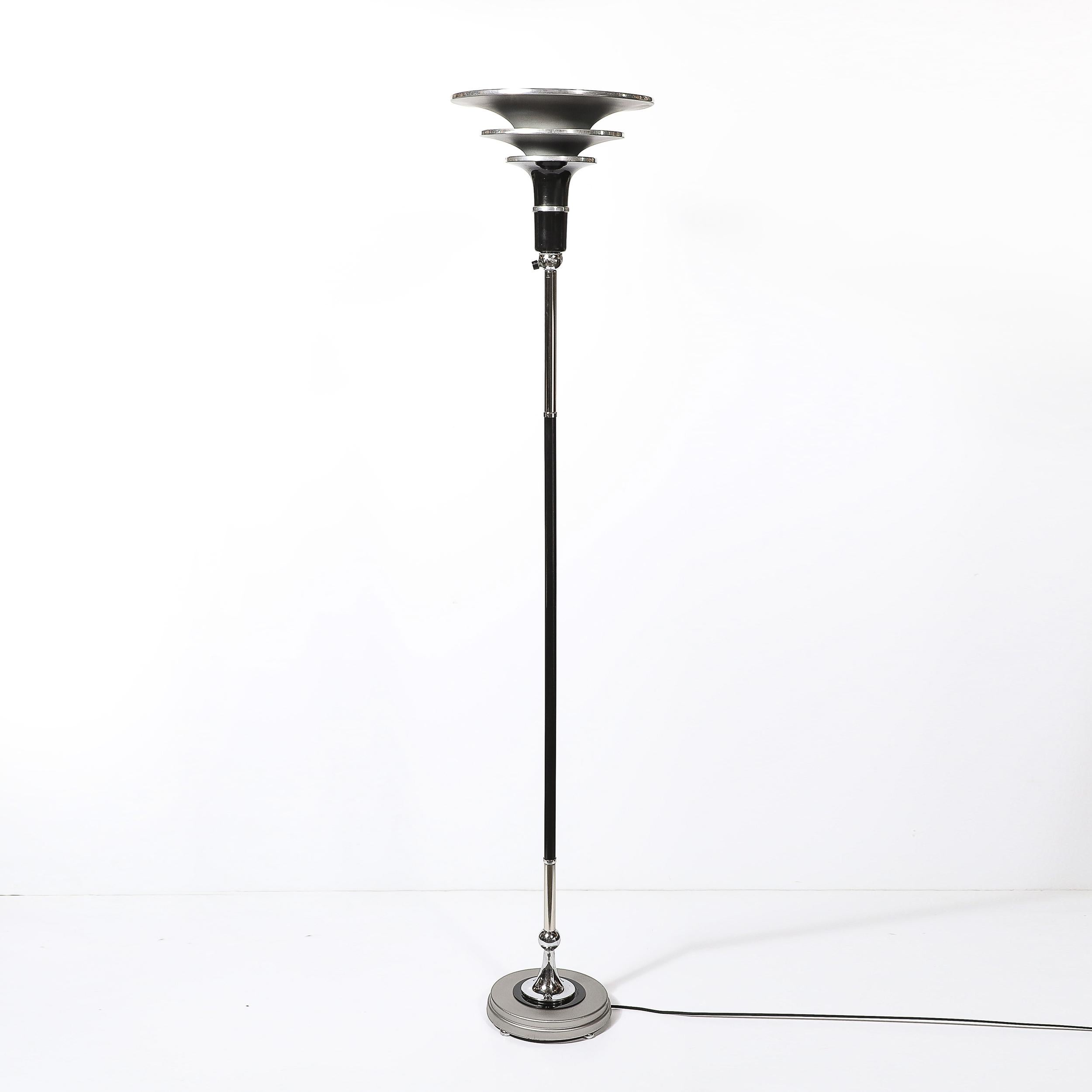 Torchiere Art Déco Machin in alluminio spazzolato e cromo con smalto nero in vendita 3