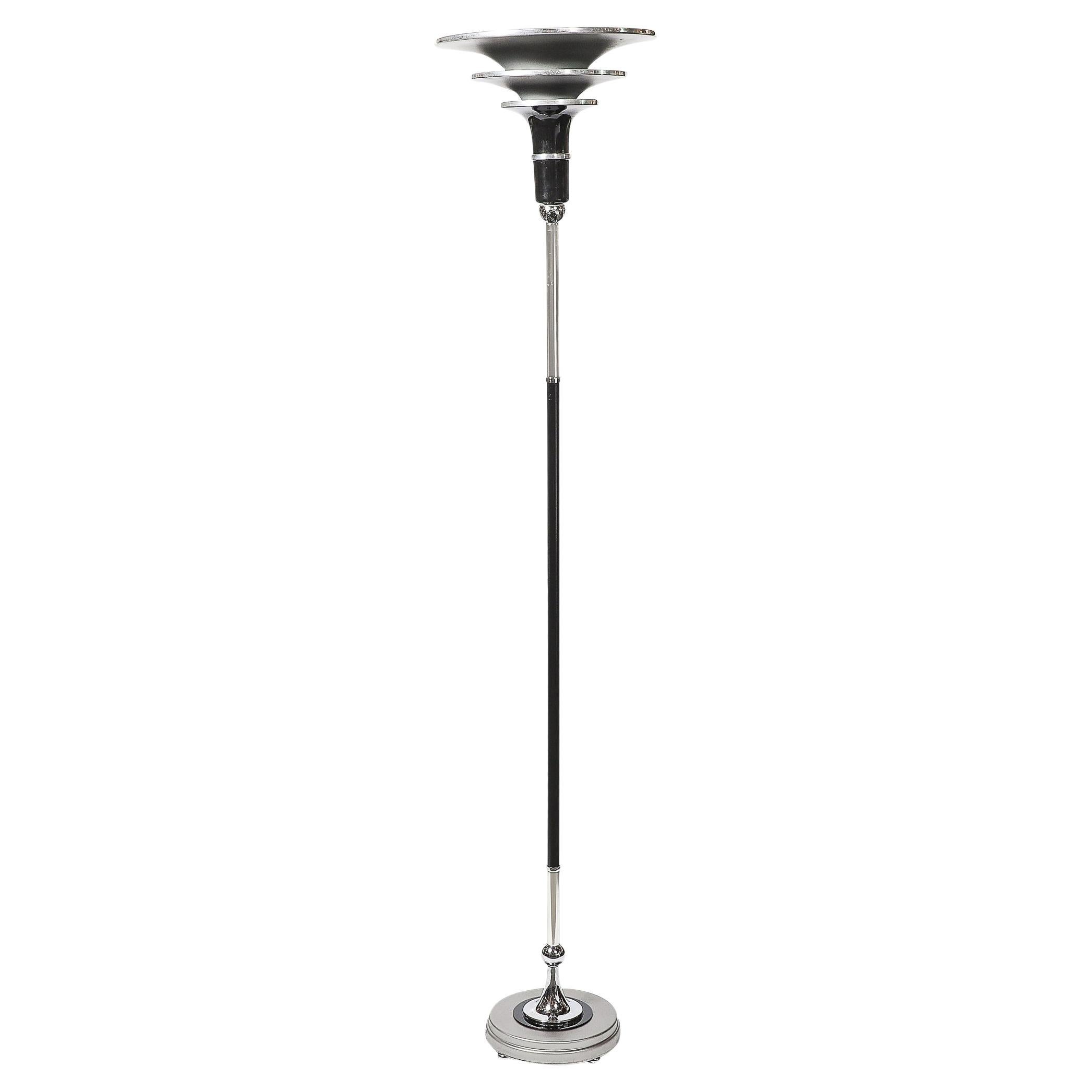 Art Deco Machine Age Taschenlampe aus gebürstetem Aluminium und Chrom mit schwarzer Emaille
