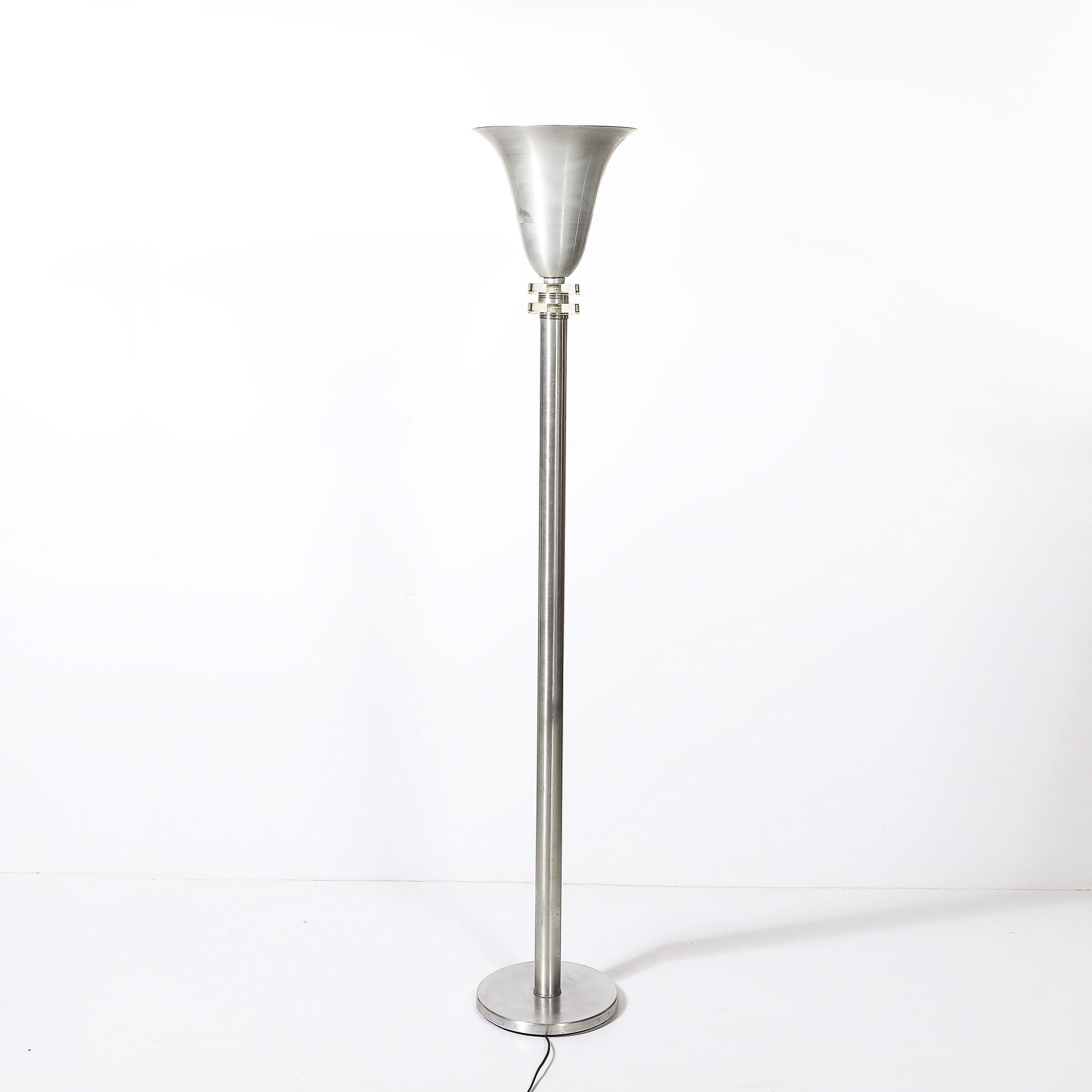 Torchère Art Déco Machine Age en aluminium brossé et verre signée Russel Wright en vente 1