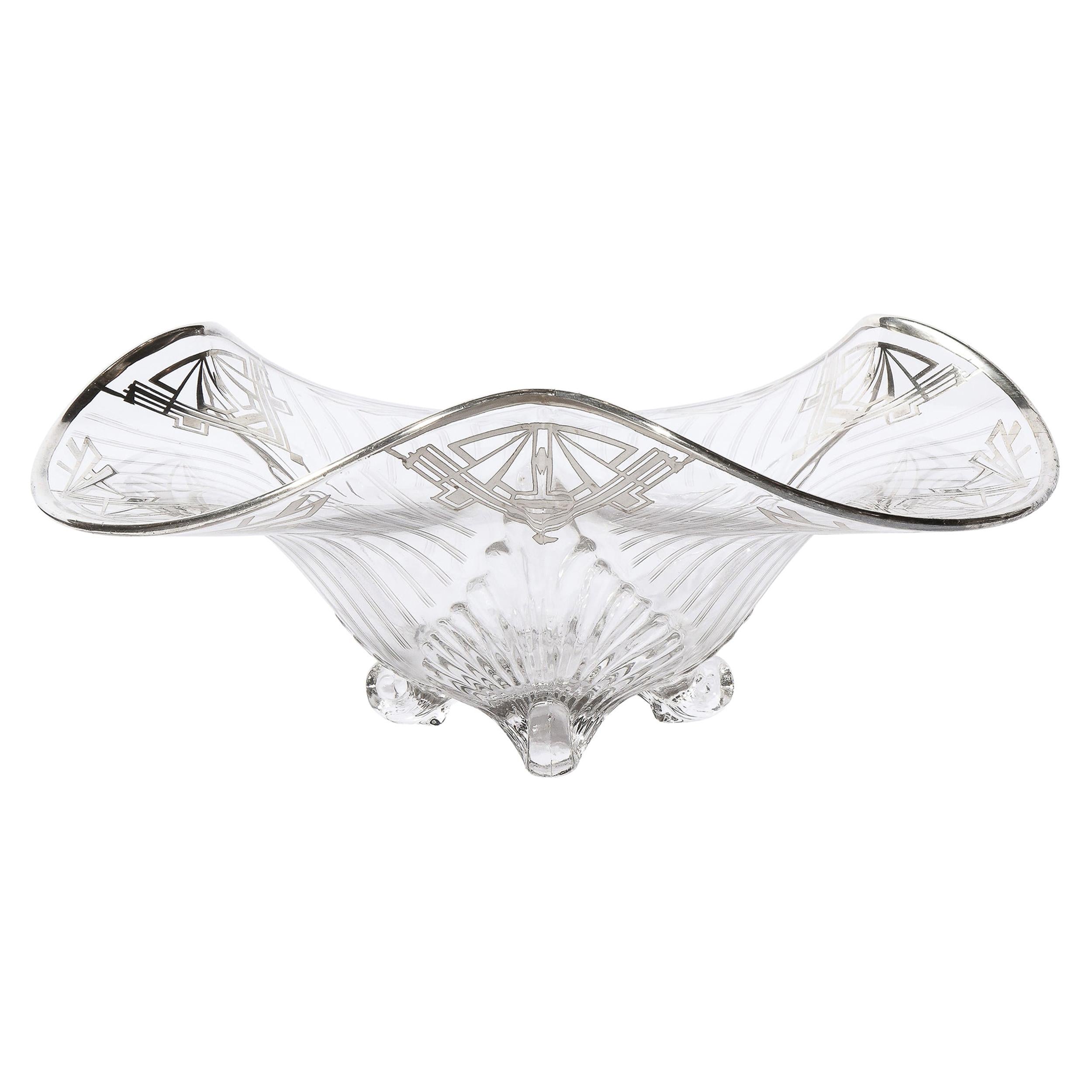 Art Deco Machine Age Translucent Glass Center Bowl with Sterling Silver Overlay For Sale
