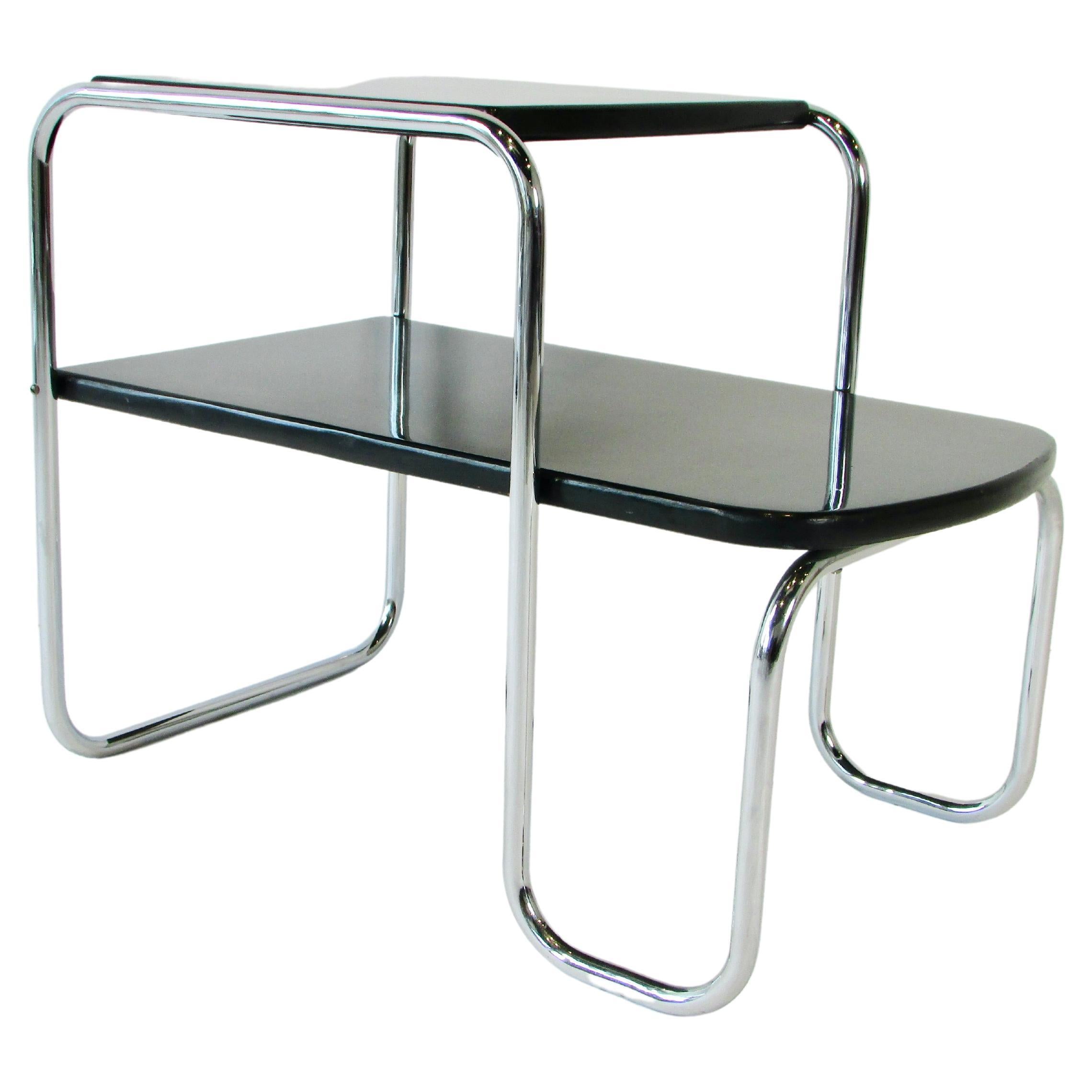 Art Deco Machine Age Tubular Chrome with Black Lacquered Wood Side Table