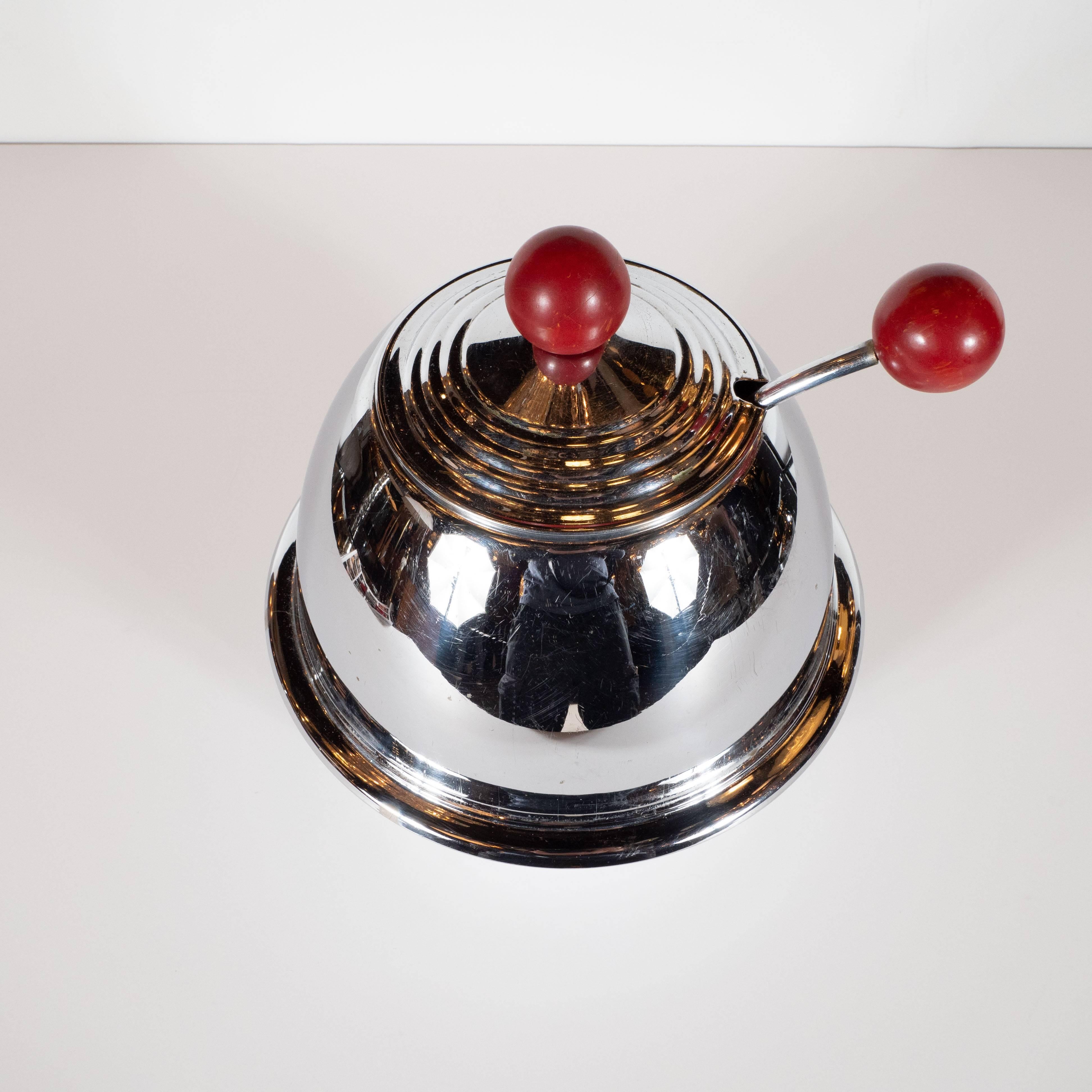 Art Deco Machine Age Tureen with Skyscraper Style Lid and Orbital Cardinal Red Pulls For Sale