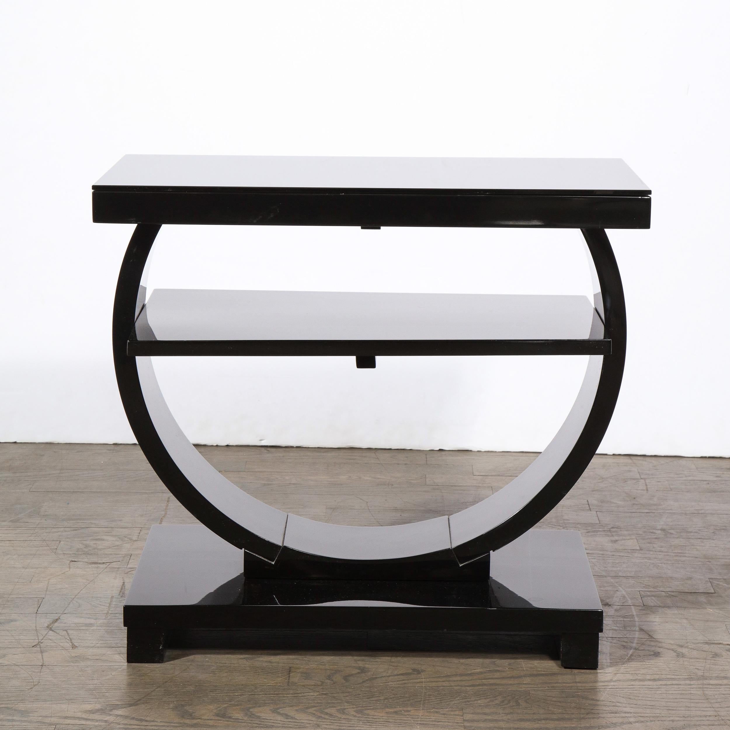 Art Deco Machine Age Two Tier Black Lacquer & Vitrolite Demilune Side Table In Excellent Condition In New York, NY