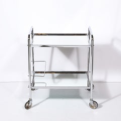 Art Deco Machine Age Two-Tier Tubular Bar Cart in Chrome & Mirror