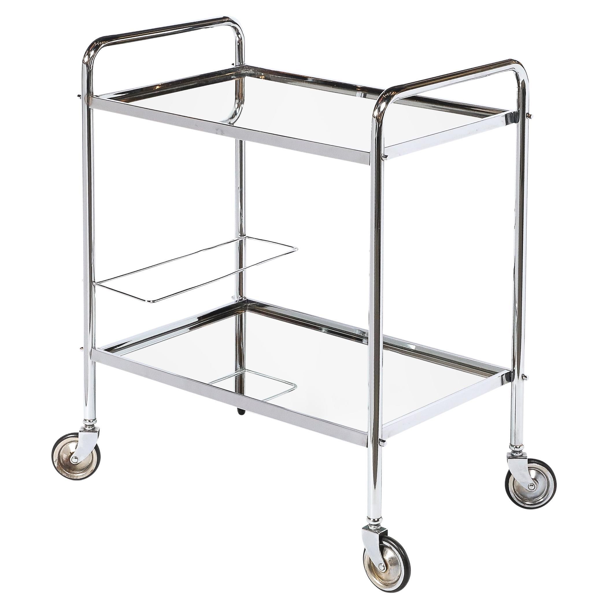 Art Deco Machine Age Two-Tier Tubular Bar Cart in Chrome & Mirror For Sale