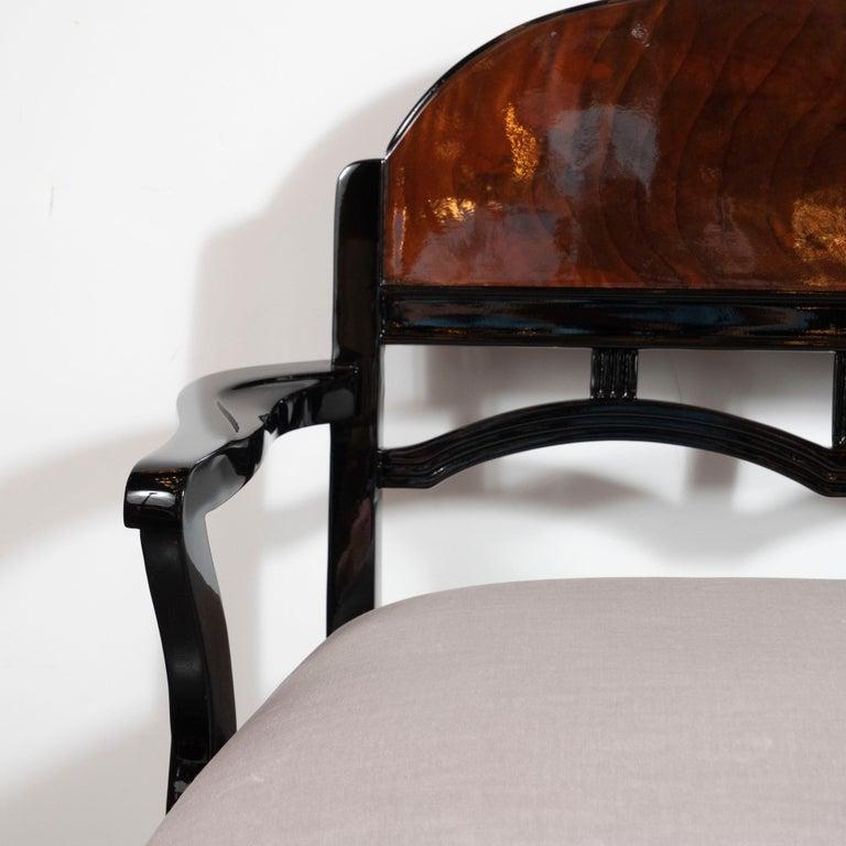 American Art Deco Machine Age Walnut, Black Lacquer, Loro Piana Velvet Vanity Chair/Bench