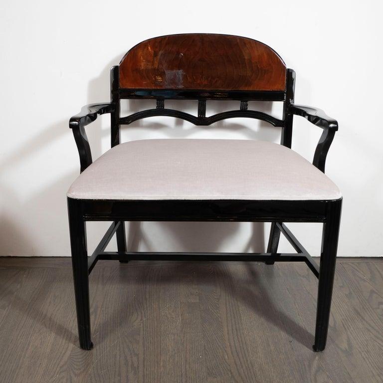 Mid-20th Century Art Deco Machine Age Walnut, Black Lacquer, Loro Piana Velvet Vanity Chair/Bench