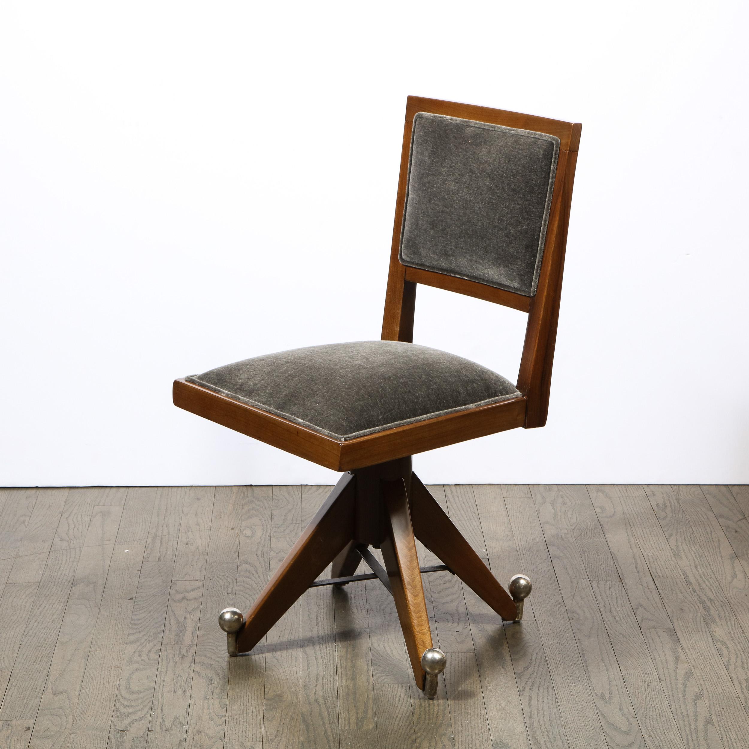 Art Deco Machine Age Walnut & Slate Mohair Side Chair w/ Nickeled Fittings 6
