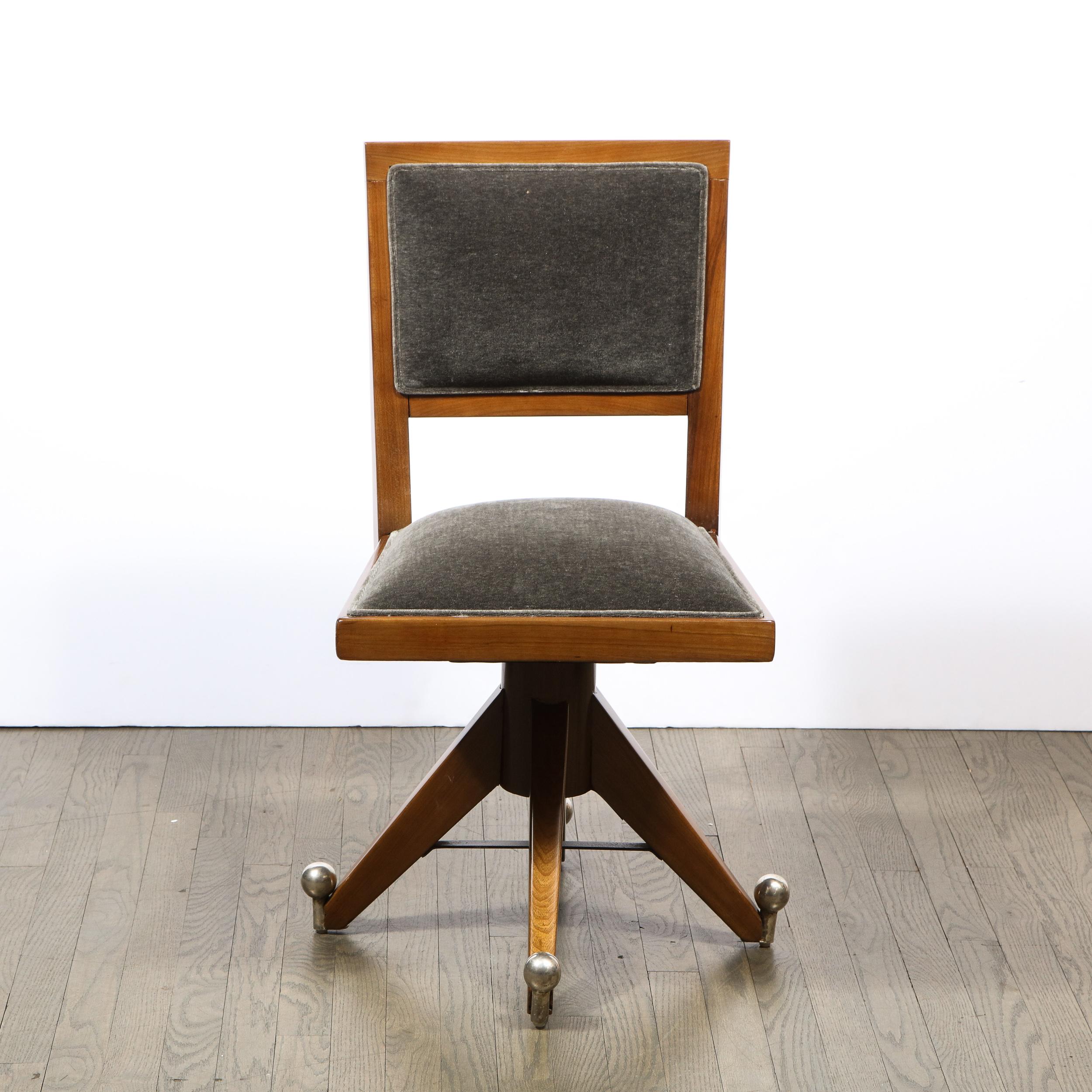 Art Deco Machine Age Walnut & Slate Mohair Side Chair w/ Nickeled Fittings 7