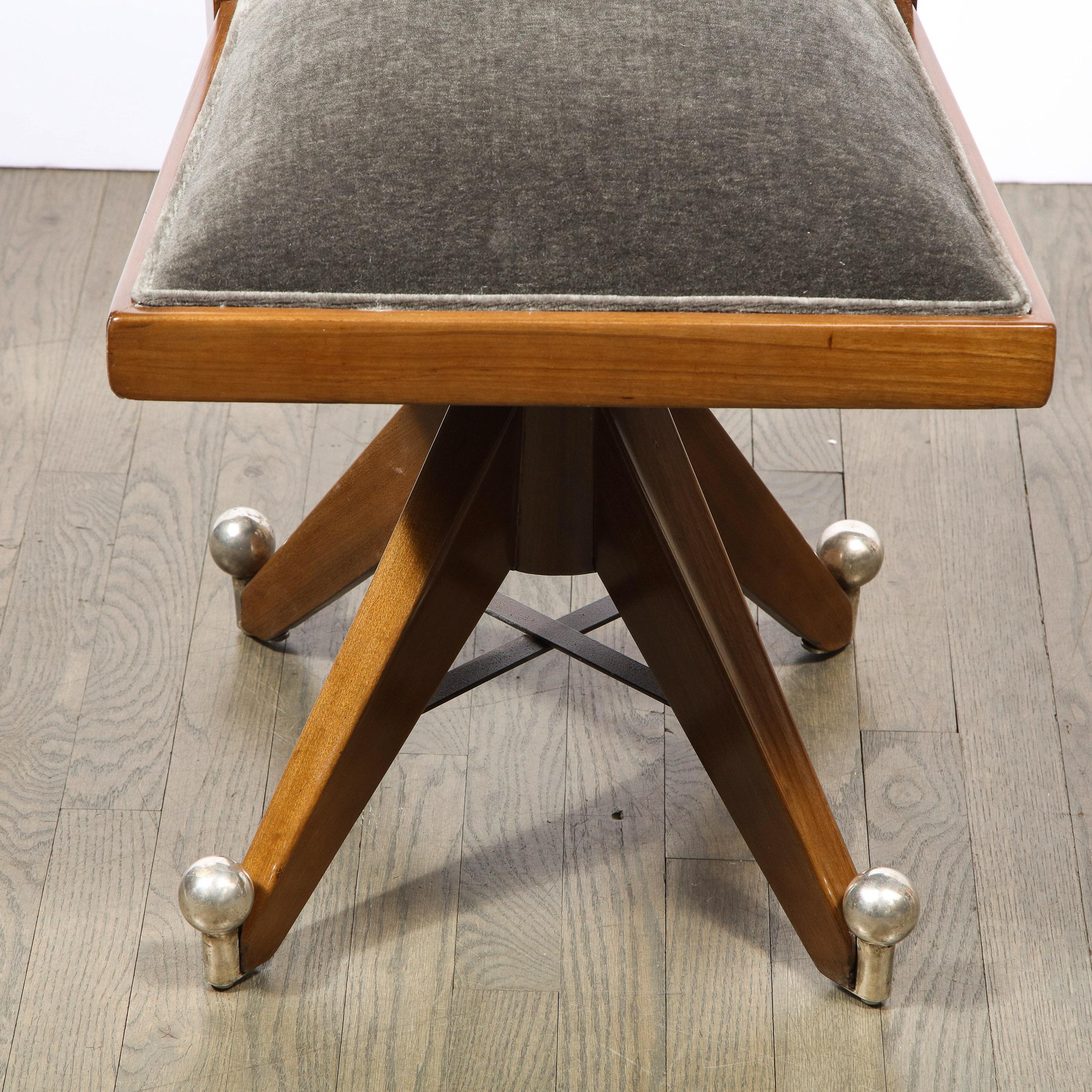 French Art Deco Machine Age Walnut & Slate Mohair Side Chair w/ Nickeled Fittings
