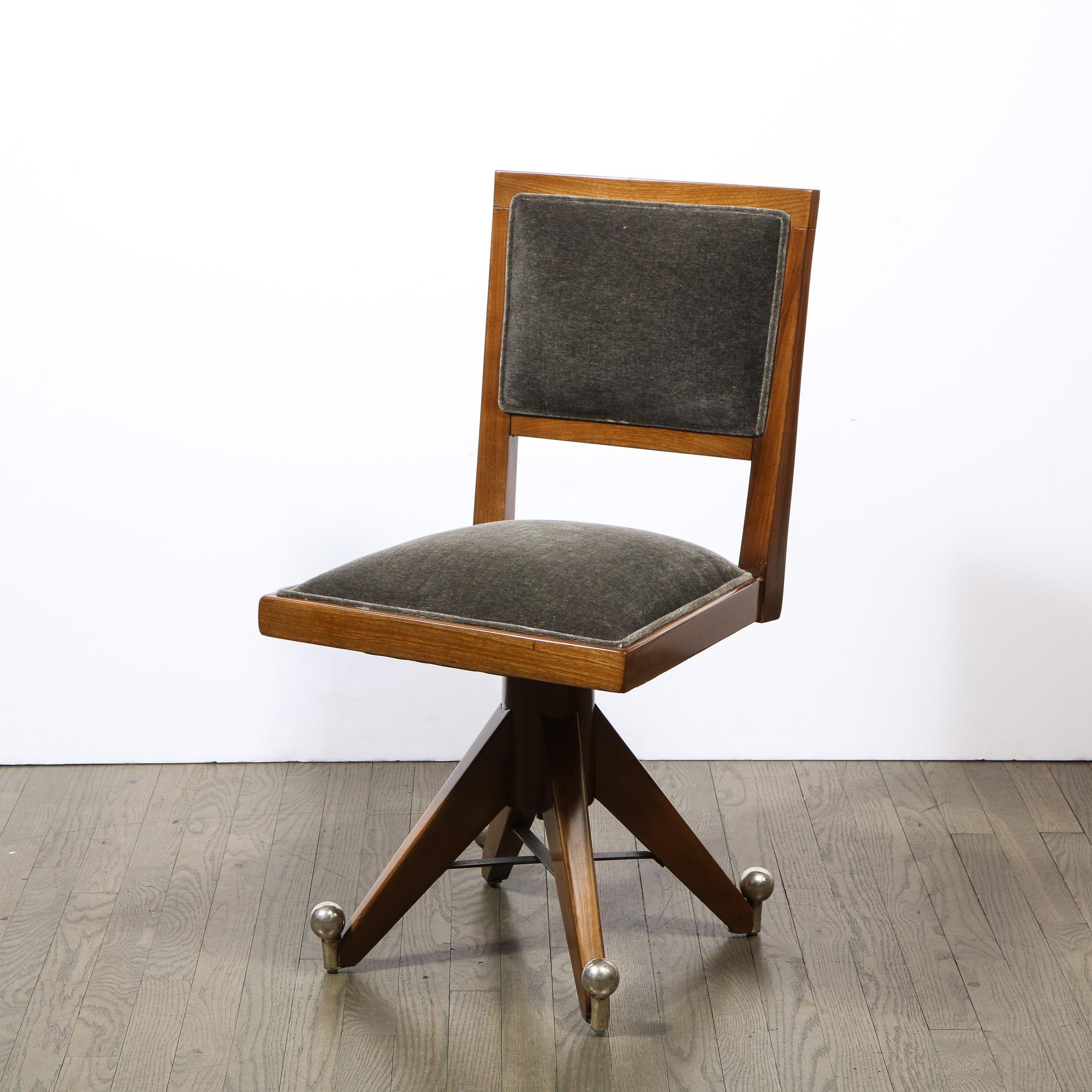 Mid-20th Century Art Deco Machine Age Walnut & Slate Mohair Side Chair w/ Nickeled Fittings