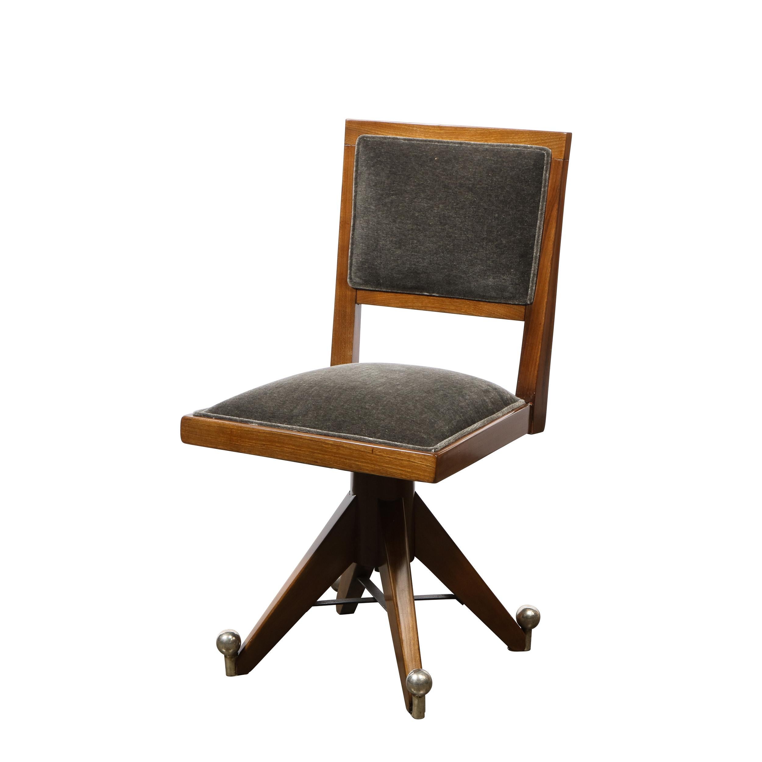 Art Deco Machine Age Walnut & Slate Mohair Side Chair w/ Nickeled Fittings 1