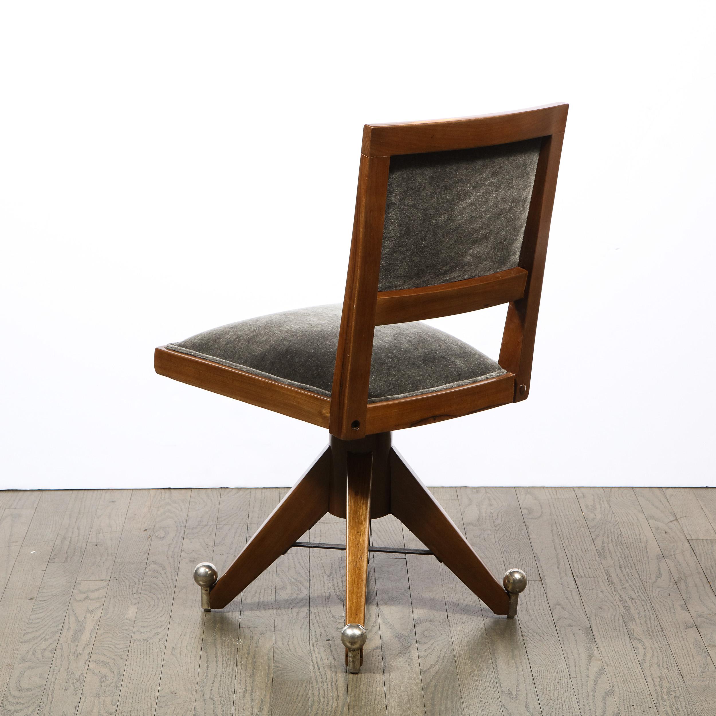 Art Deco Machine Age Walnut & Slate Mohair Side Chair w/ Nickeled Fittings 3
