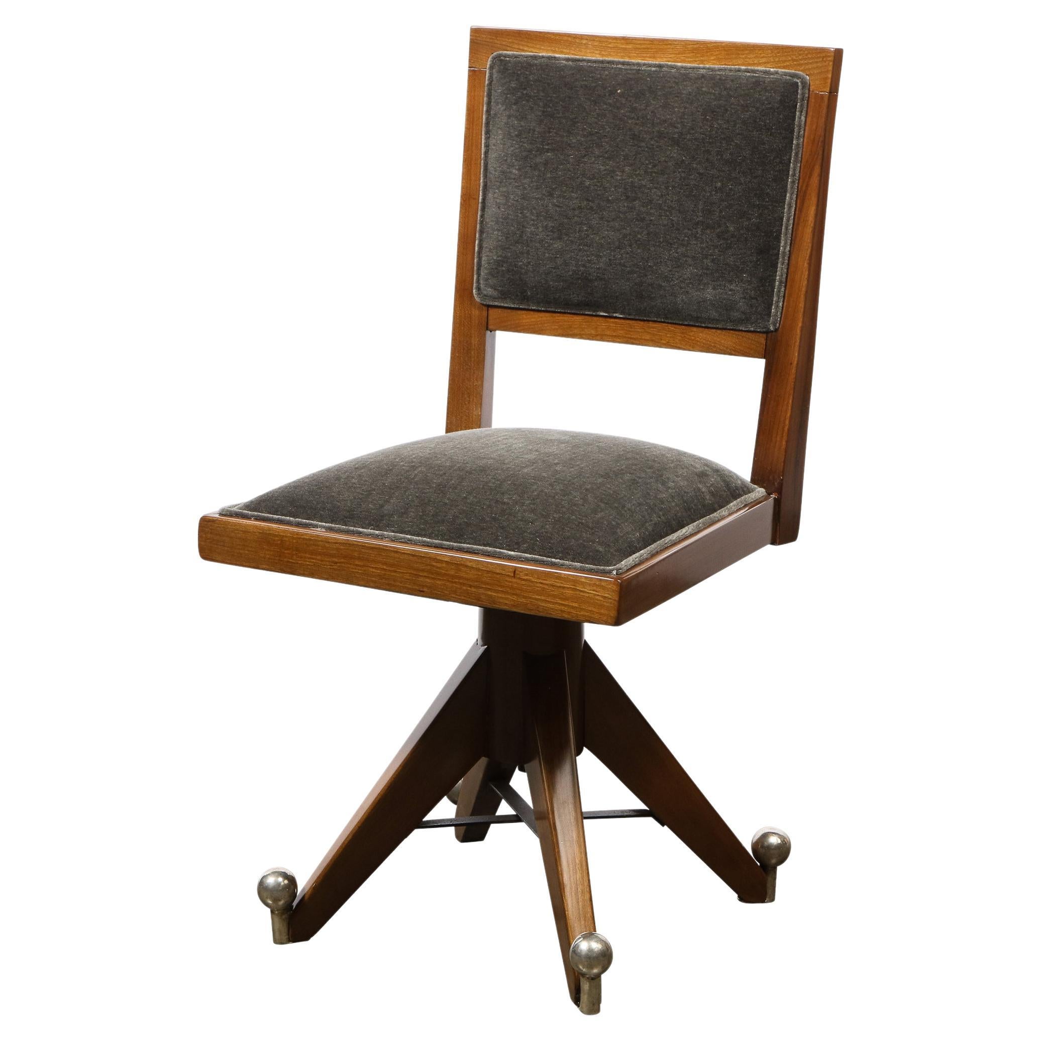 Art Deco Machine Age Walnut & Slate Mohair Side Chair w/ Nickeled Fittings