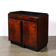 Art Deco Machine Age Waterfall Front Book-Matched Walnut & Black Lacquer Cabinet