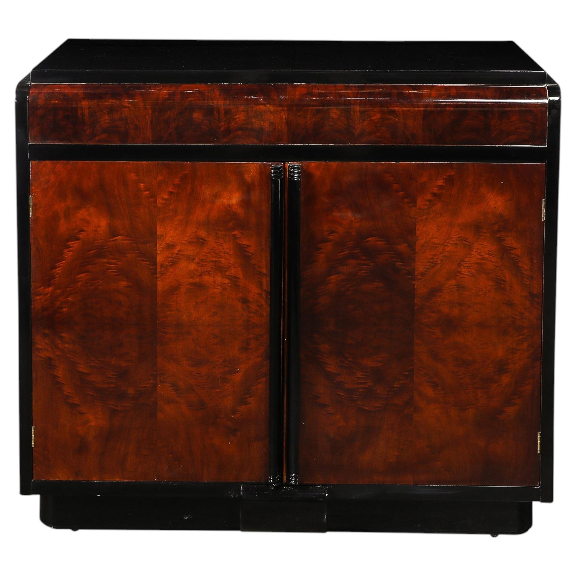 Art Deco Machine Age Waterfall Front Book-Matched Walnut & Black Lacquer Cabinet