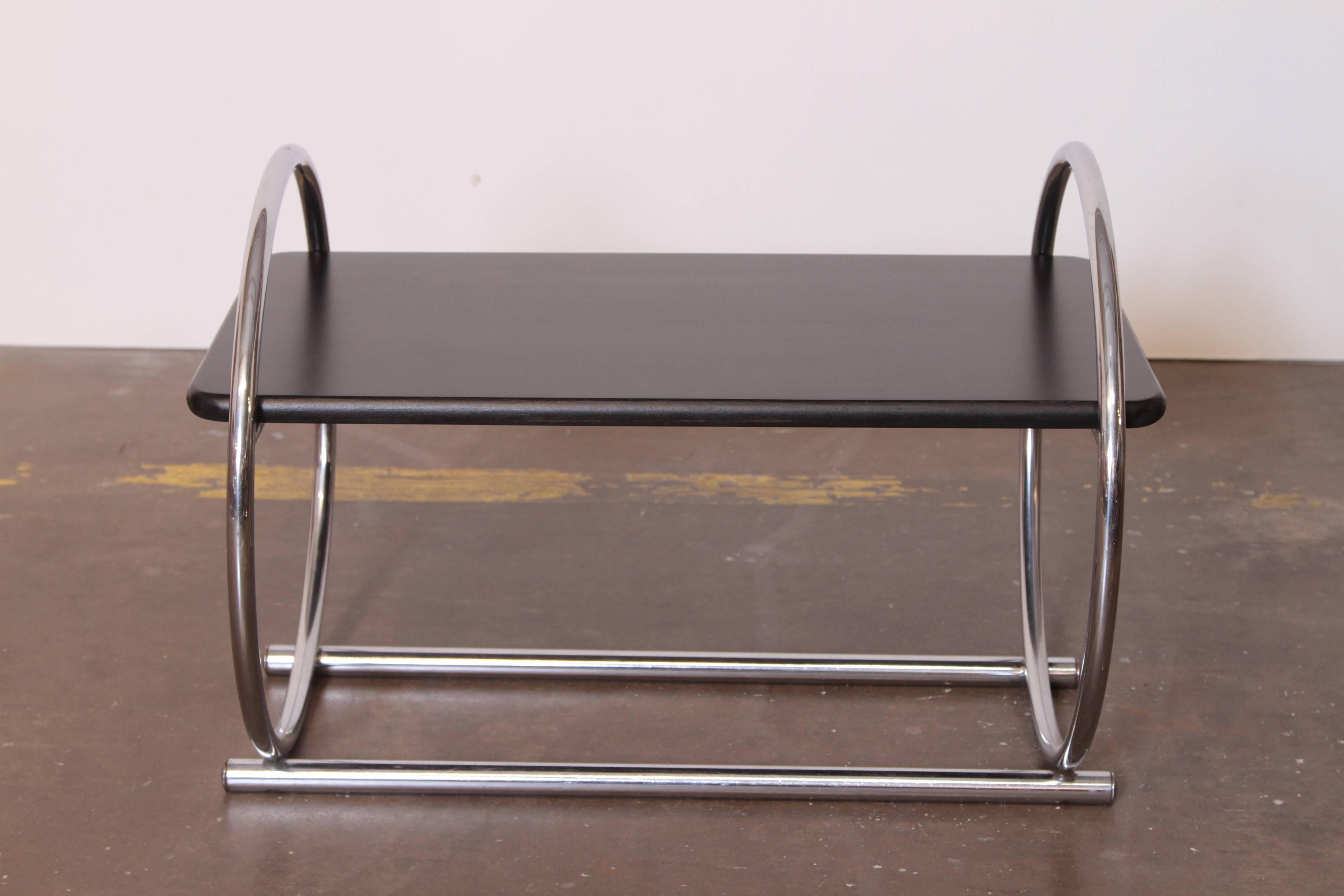 Art Deco Machine Age Wolfgang Hoffmann for Howell cocktail / coffee / occasional table

Iconic and rare hoop - end coffee table by Hoffmann Hoffman for Howell Chromsteel Chrome Steel
Minty restored version.
Howell modern chrome steel furniture