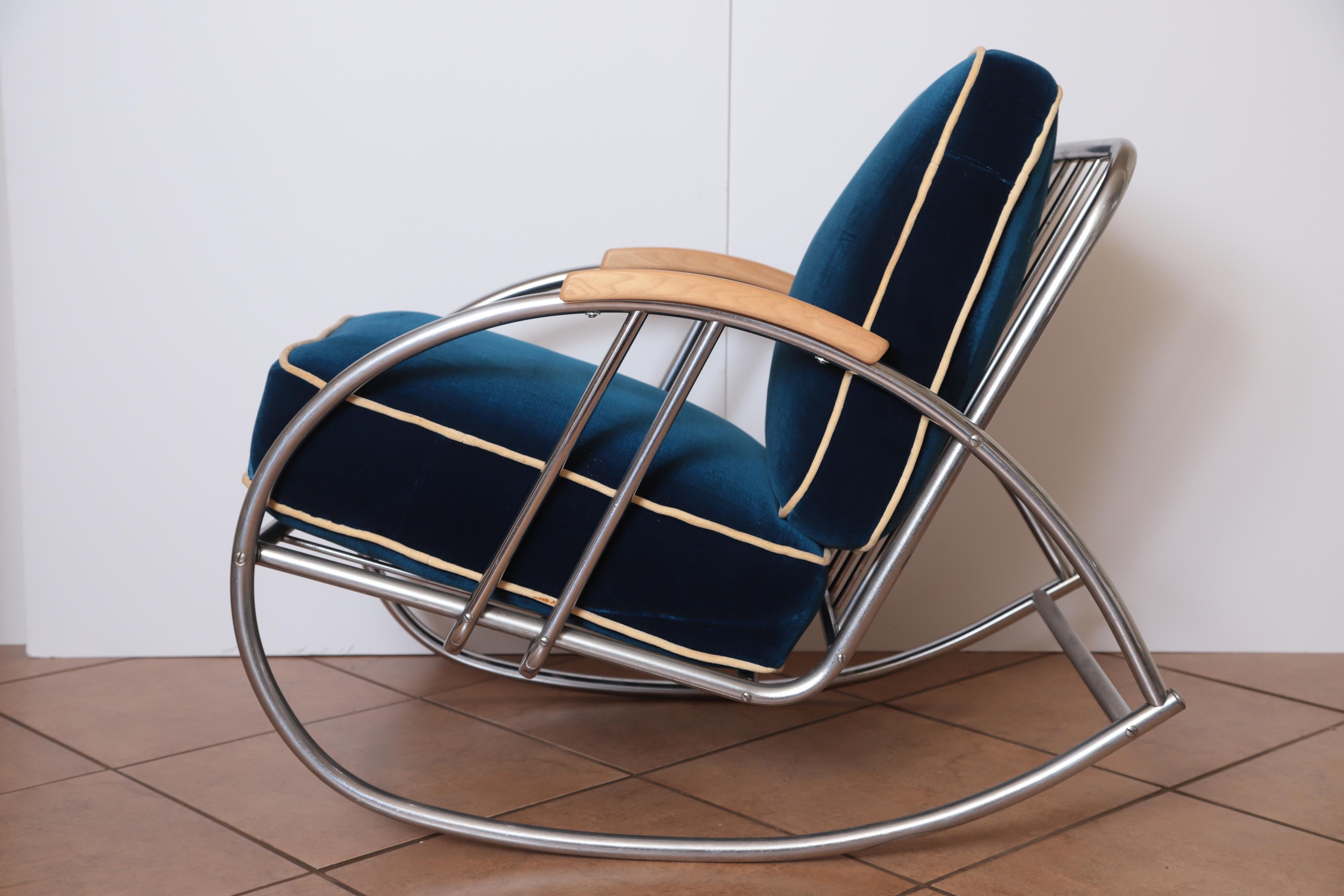 Art Deco Machine Age Wolfgang Hoffmann for Howell Iconic Indoor Rocking Chair Hofmann Hoffman   PRICE REDUCED from $14,500

Rare ICONIC Howell Modern Chromsteel Furniture #377 Rocker, circa 1936 catalog.  Chrome steel
Un-restored example, with good