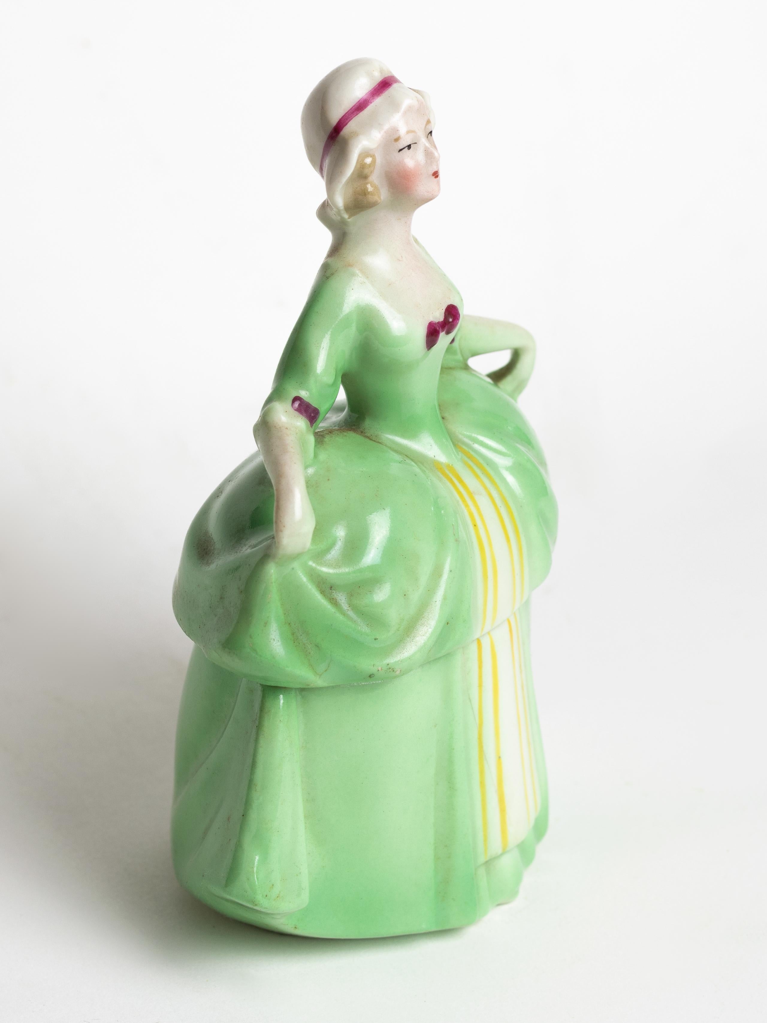 Art Deco Madame Pompadour Green Dress Powder Box Porcelain, 1929 For Sale 3