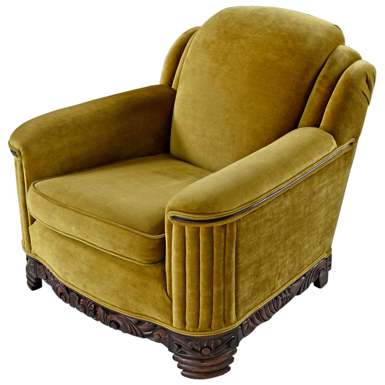 Art Deco Mahogany Accent Bronze Gold Chartreuse Mohair Club Chair