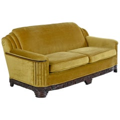 Art Deco Mahogany Accent Bronze Gold Chartreuse Mohair Sofa Couch