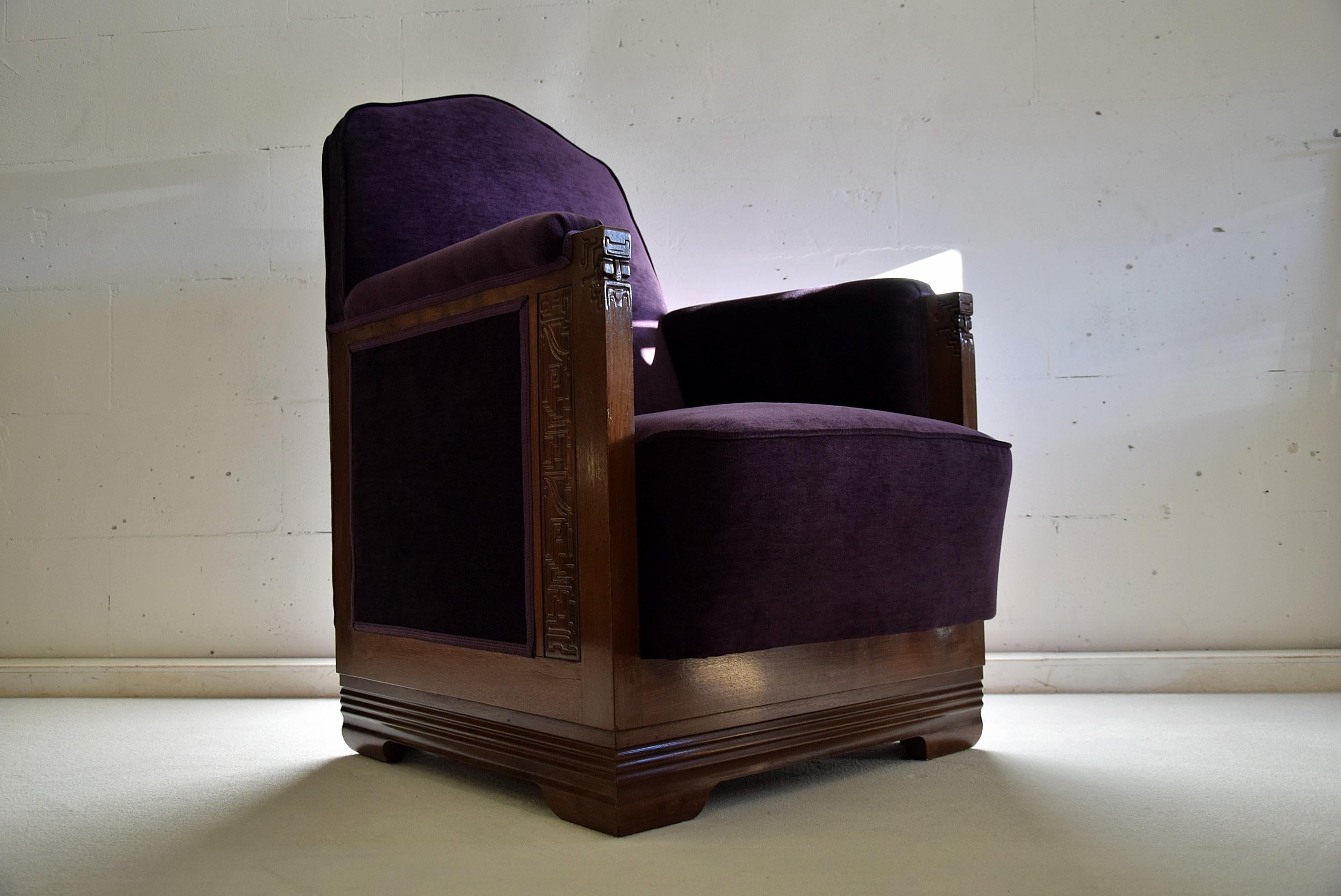 Art Deco Jatoba Purple Velvet Lion Cachet Lounge Chairs For Sale 2