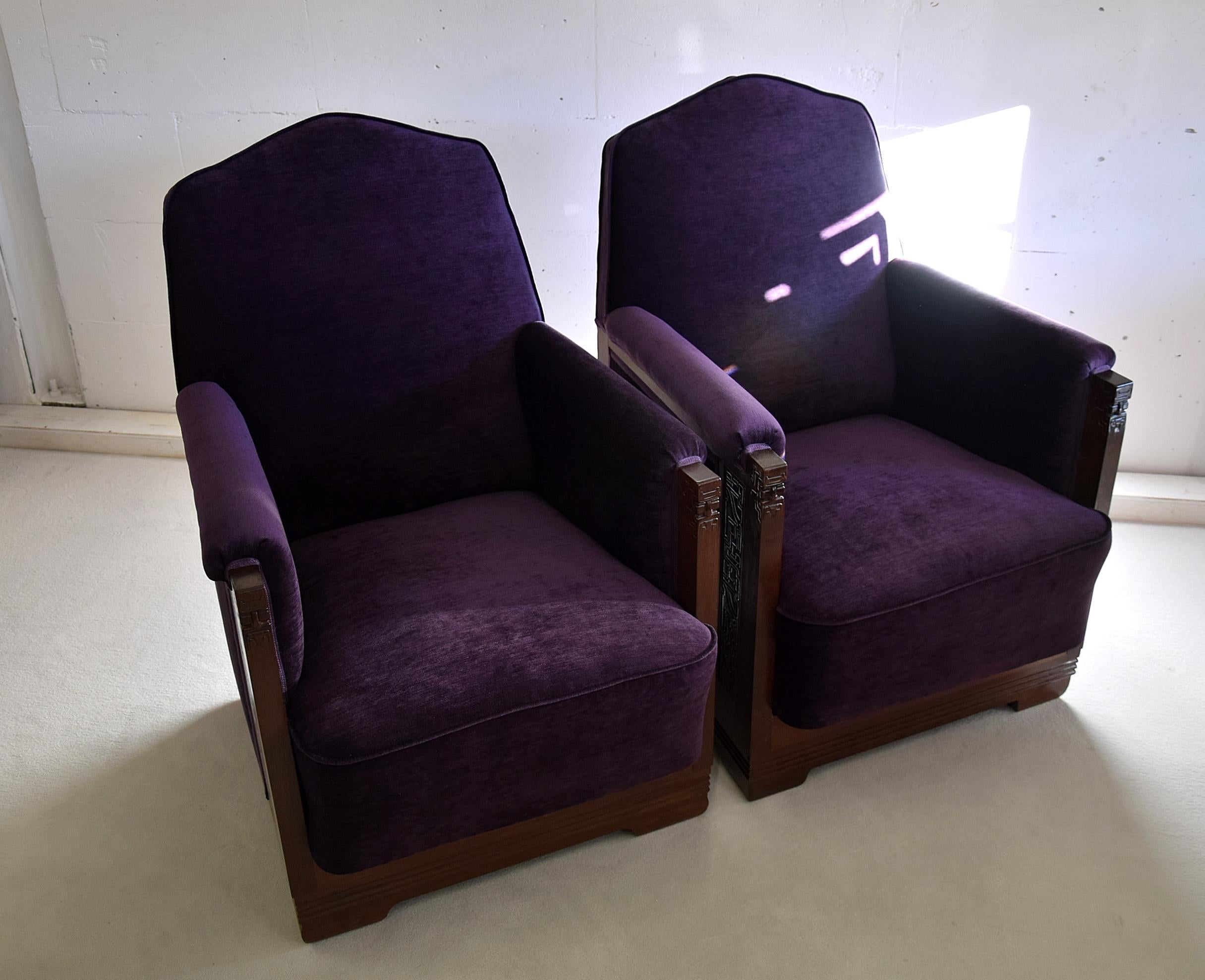 Art Deco Jatoba Lila Samt Lion Cachet Lounge Stühle (Niederländisch) im Angebot