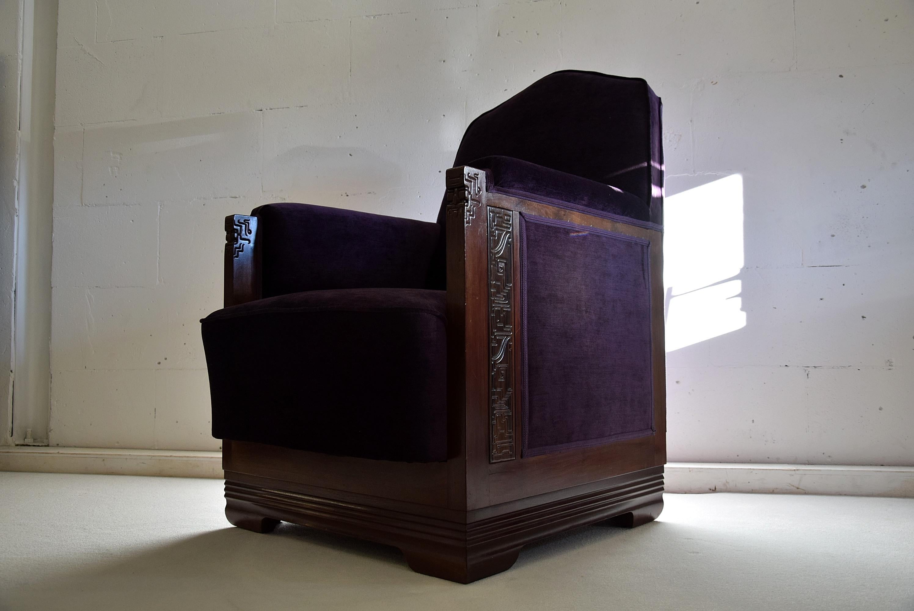 Chaises longues Art Déco Jatoba velours violet Lion Cachet Bon état - En vente à Weesp, NL